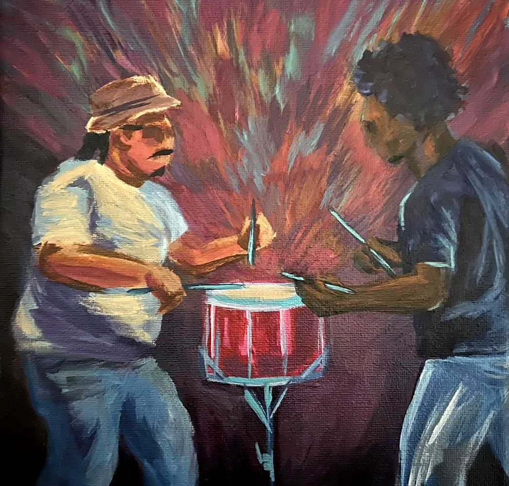 Purple visualization of sound painting. 2 drummers engage in what looks to be a drumming battle.