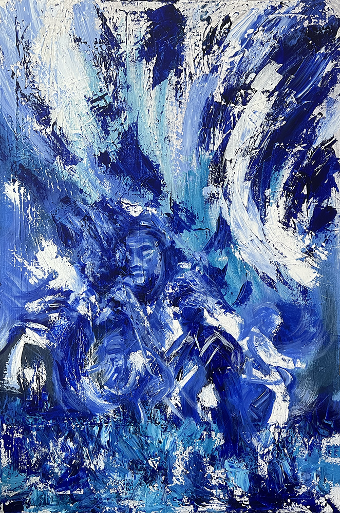 Blue visualization of sound painting. Musicians and audience members emerge in and out of the background.