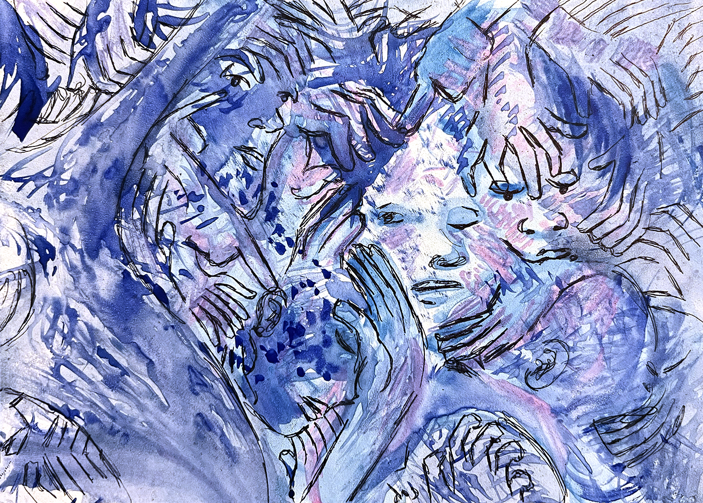 Emma Rarick. "Overstimulated #6," May 2026, watercolor, ink, marker on gesso board, 5 × 7” 