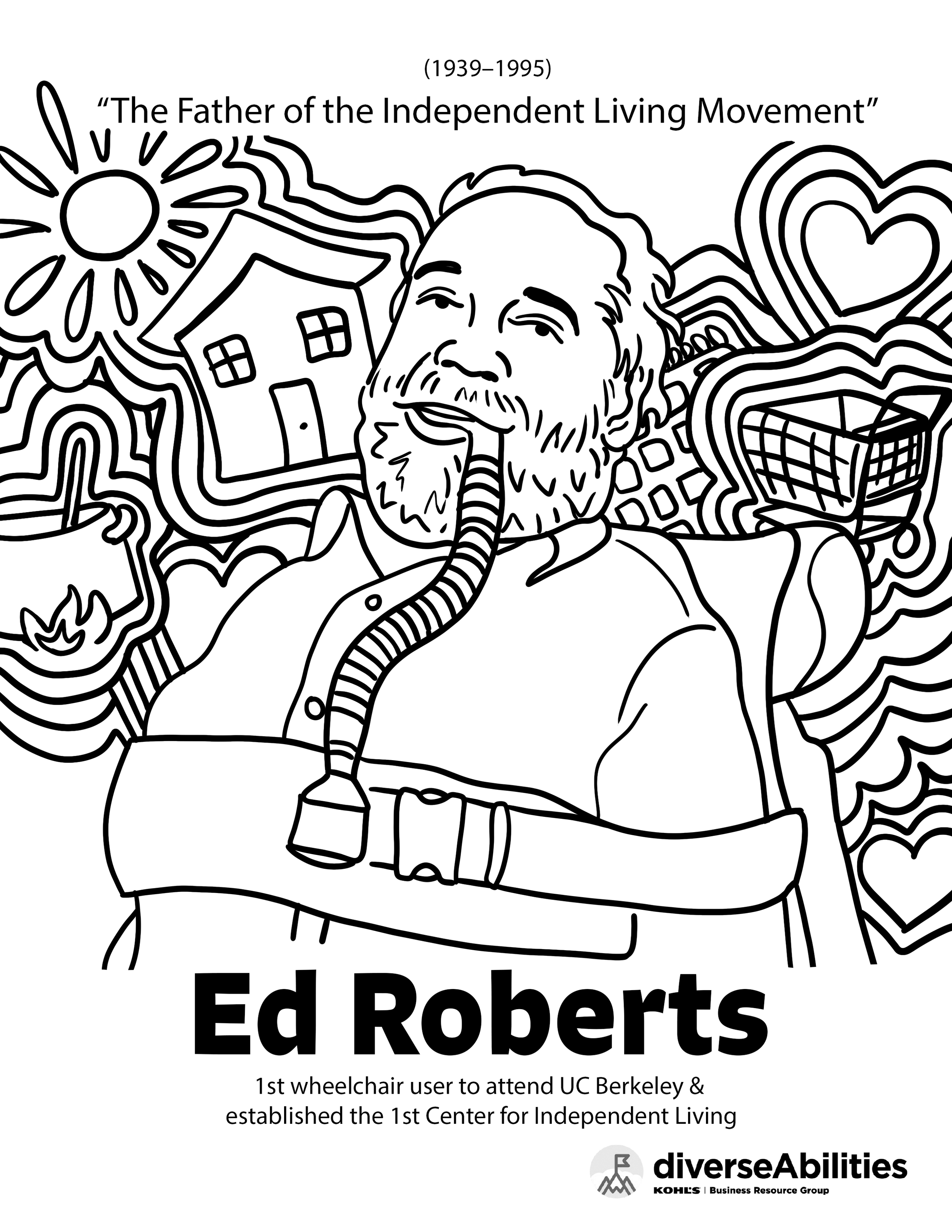Emma Rarick. "Ed Roberts Disability Pride Coloring Page," June 2026, digital illustration, 8.5x11". Created for Kohl's diverseAbilities BRG.