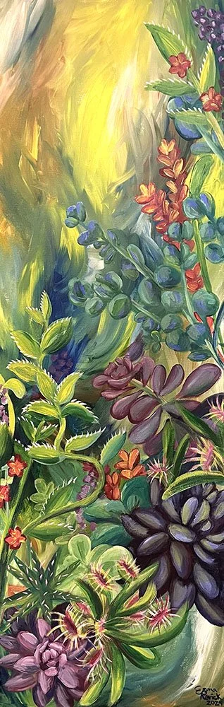 "Overgrowth" 12x36 inch acrylic painting. 2024 Emma Rarick