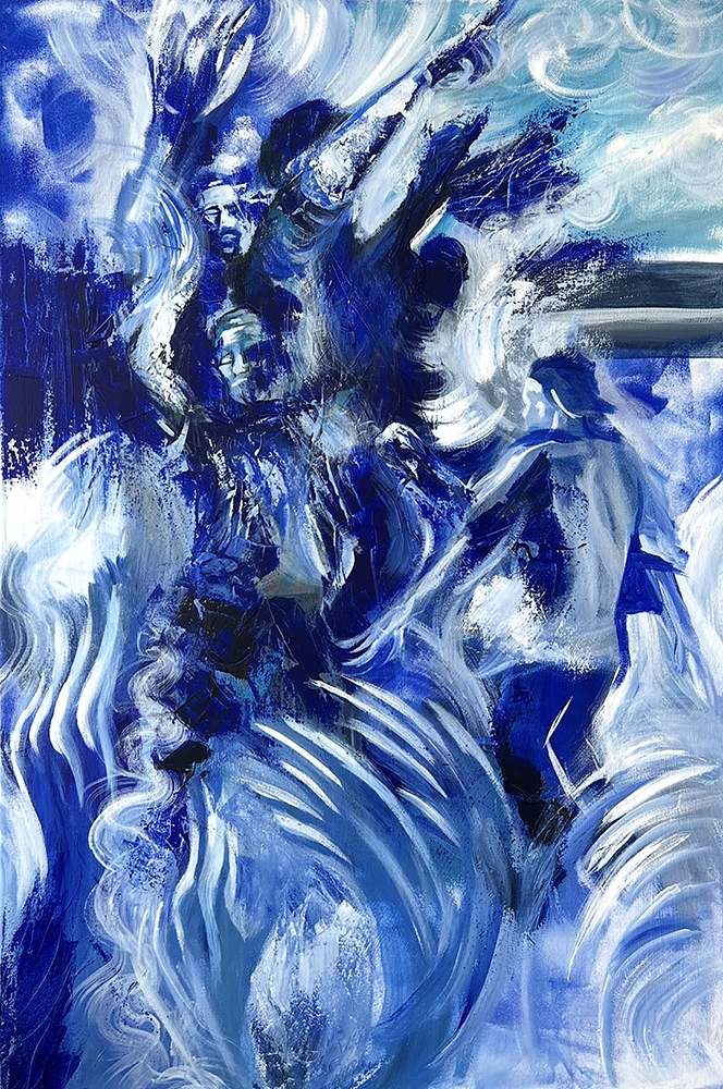 Blue visualization of sound painting. Musicians and audience members emerge in and out of the background.