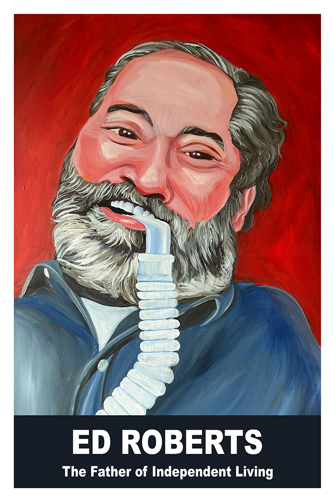 Realistic painting of Ed Roberts. White man with short grey hair and a beard smiles with a medical device attached to his mouth while wearing a blue jean shirt in front of a red background.