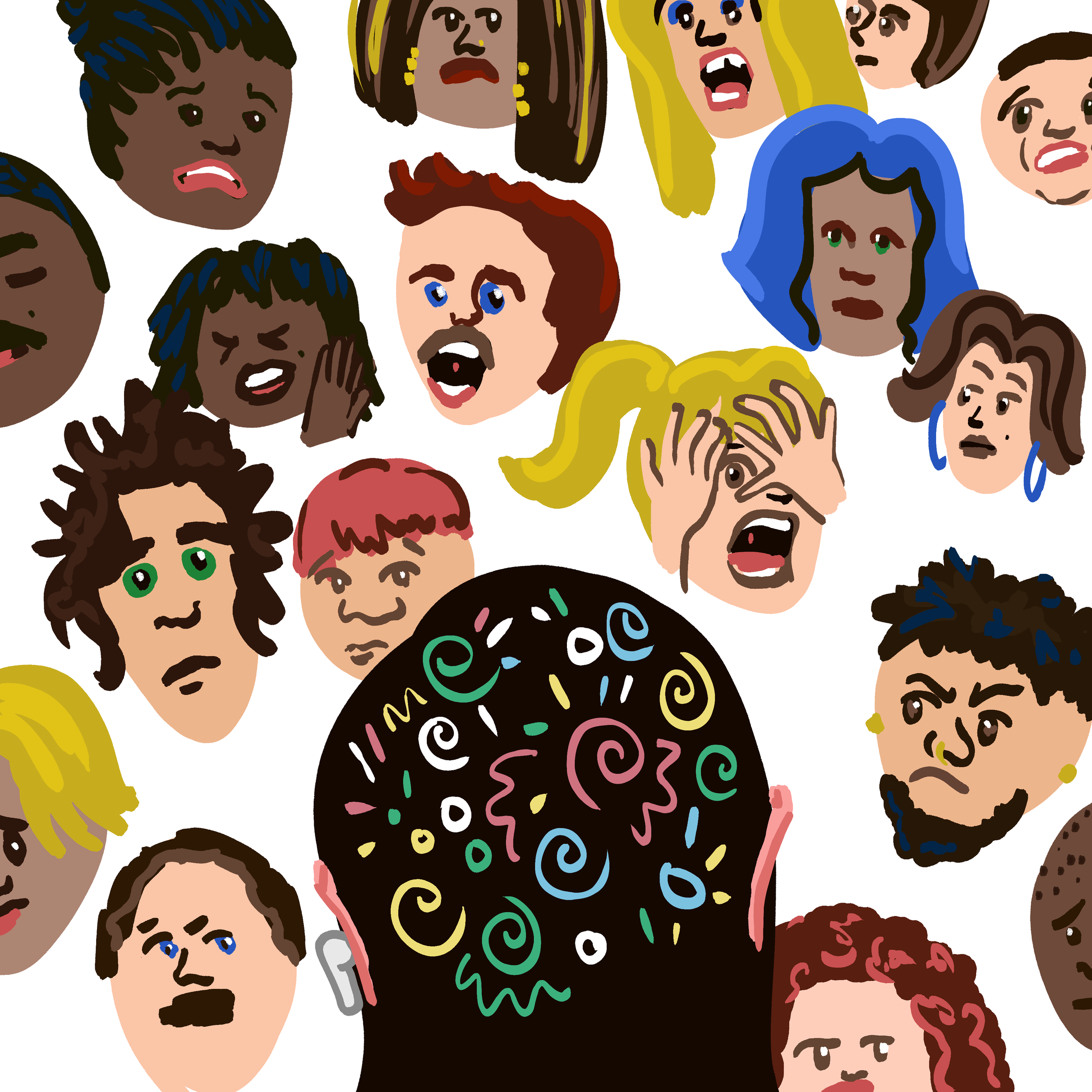 Illustration of a woman with a pattern using the disability pride flag colors in their brain. The woman is facing away from the camera while a crowd of scared people face the camera. Acknowledging the fear people have around the word disability.