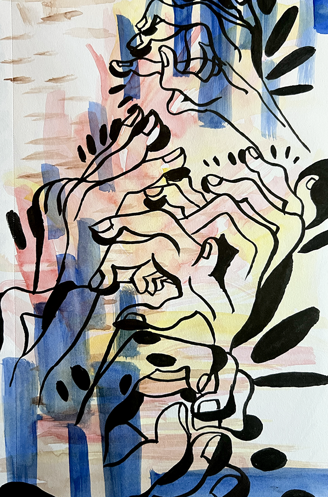 Emma Rarick. 
watercolor & ink drawing.
2026.