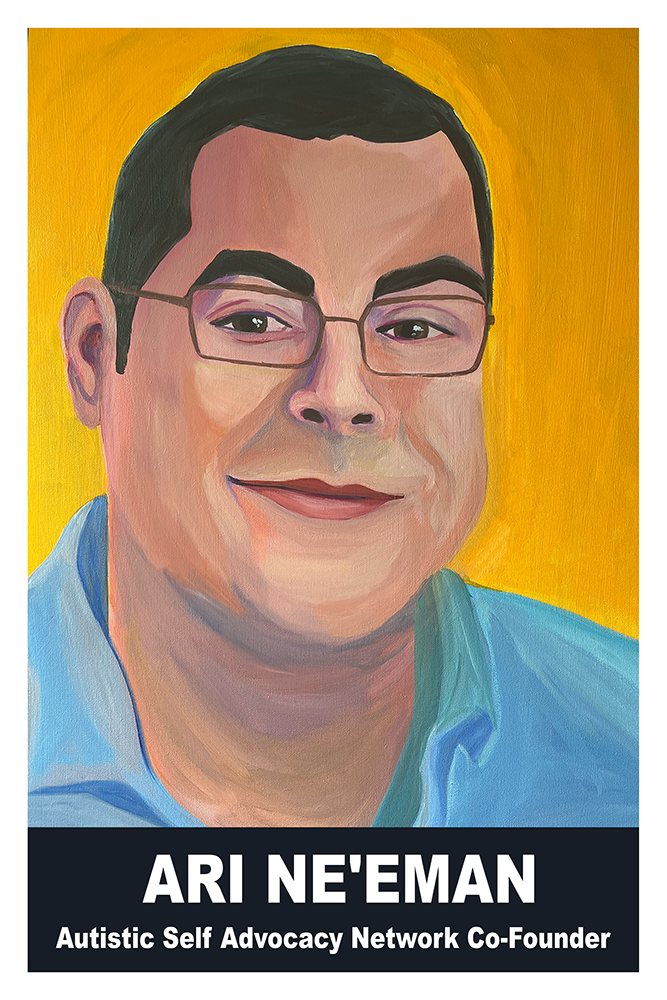 Realistic painting of Ari Neeman. Young White man with short dark hair, thin brown glasses, and a blue collared shirt on smiles with his mouth closed in front of a yellow background.