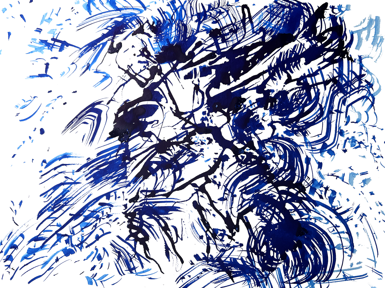 Abstract expressionist painting with blue and black ink strokes and splatters on a white background.