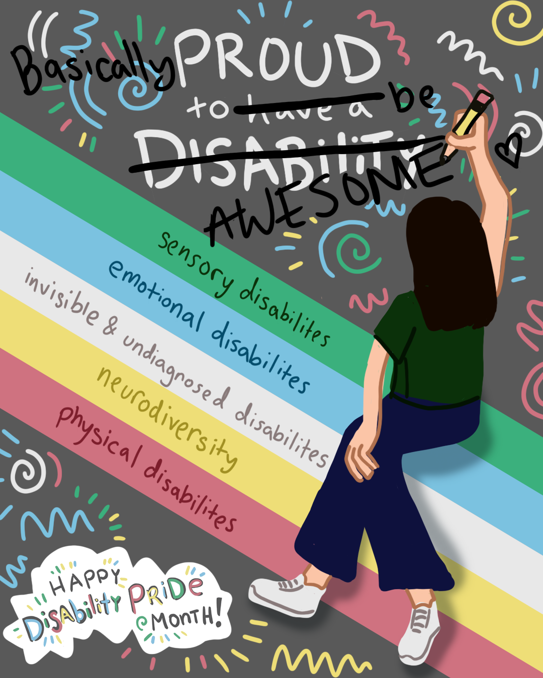 White woman with short dark hair and pink glasses wearing a green shirt and jeans sits on the disability pride flag stripes holding a fidget frog. The text within the image reads "Basically proud to be awesome. Happy Disability Pride Month!"