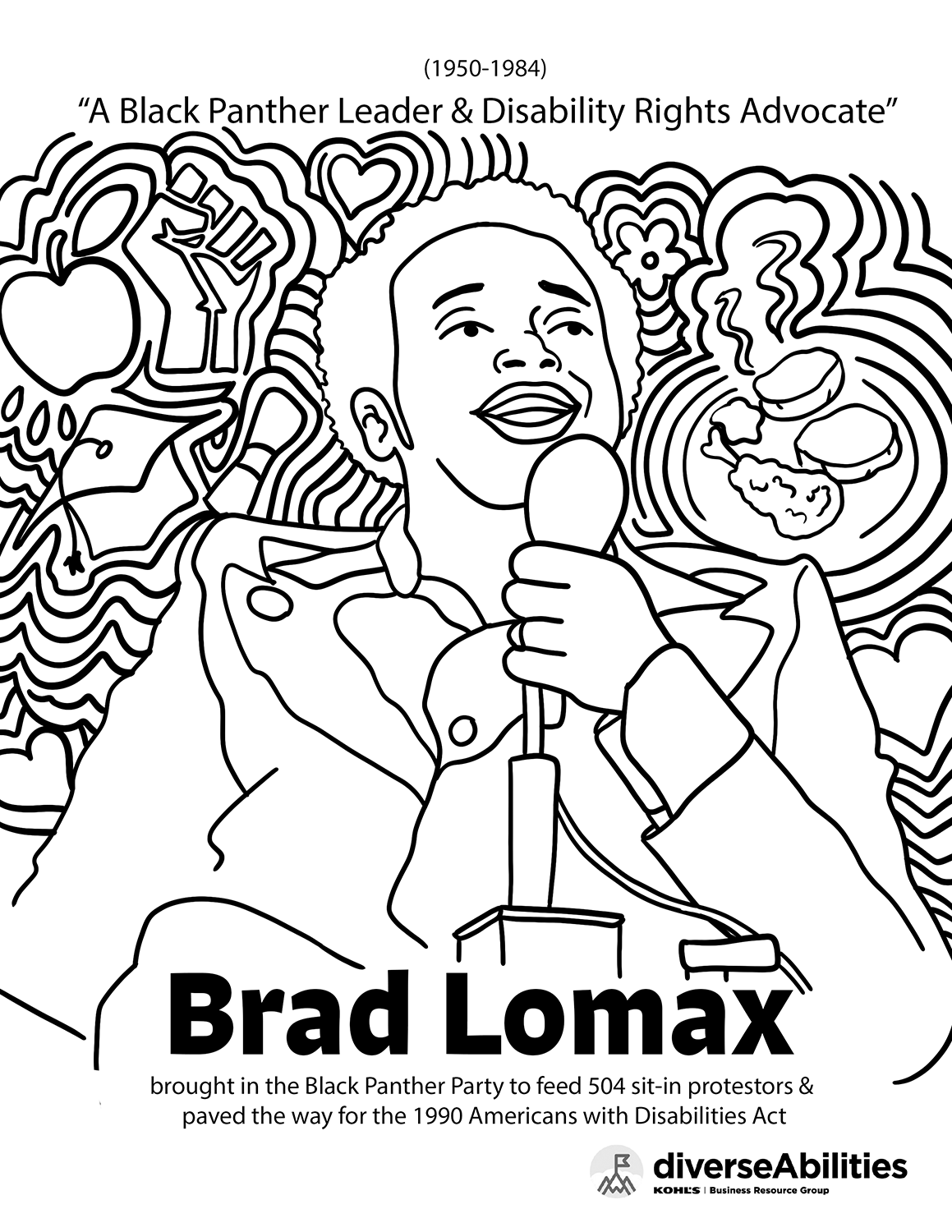 Emma Rarick. "Brad Lomax Disability Pride Coloring Page," June 2026, digital illustration, 8.5x11". Created for Kohl's diverseAbilities BRG.