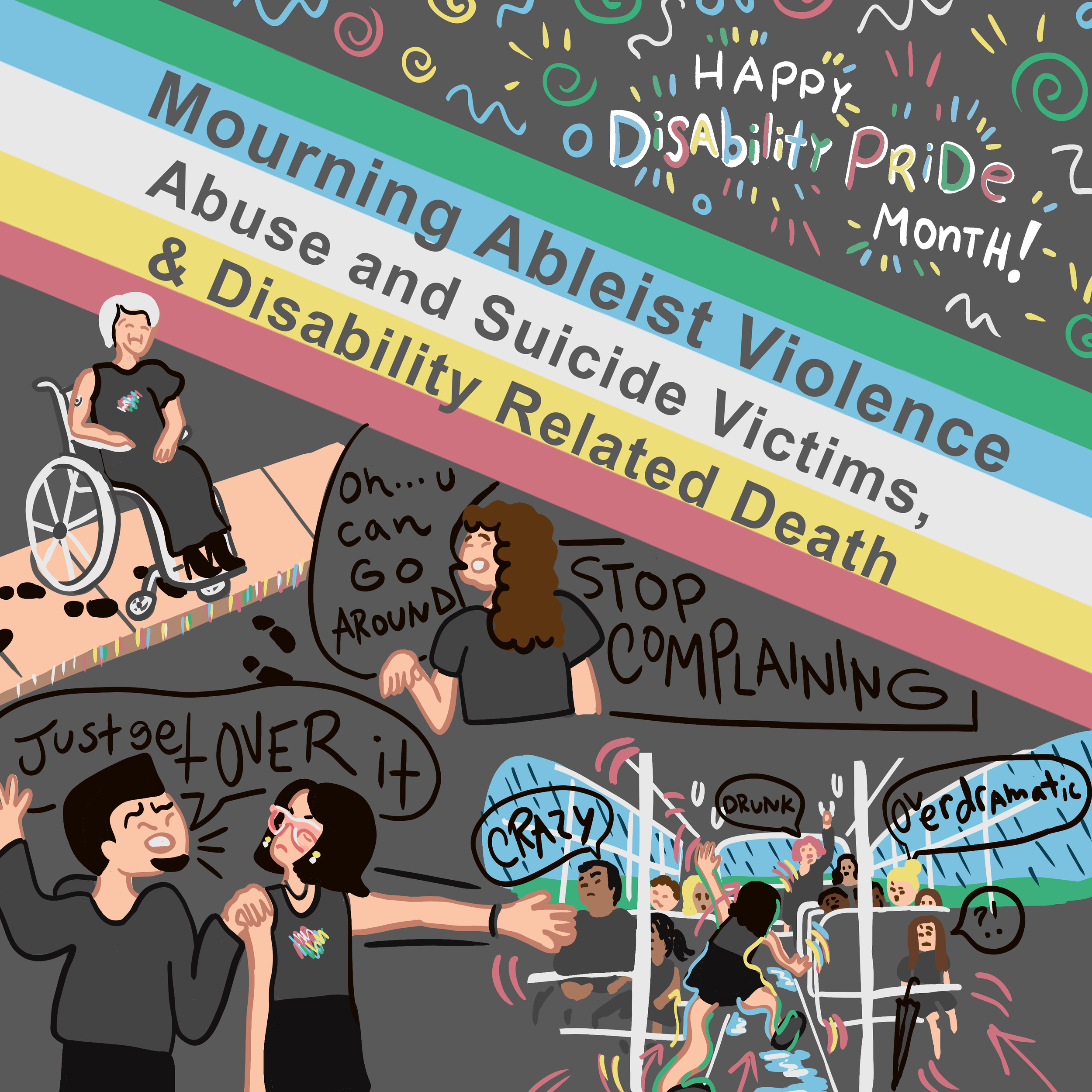 Informational illustration describing examples of Ableist Violence, Abuse and Suicide Victims, & Disability Related Death  represented in the grey color of the flag.