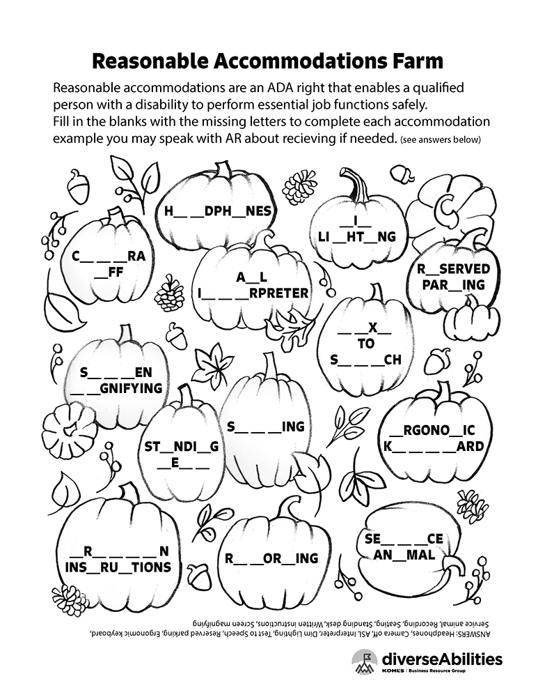 Emma Rarick. "Reasonable Accommodations Farm- National Disability Employment Awareness Month Coloring Page," September 2026, ink & digital illustration, 8.5x11". Created for Kohl's diverseAbilities BRG.
