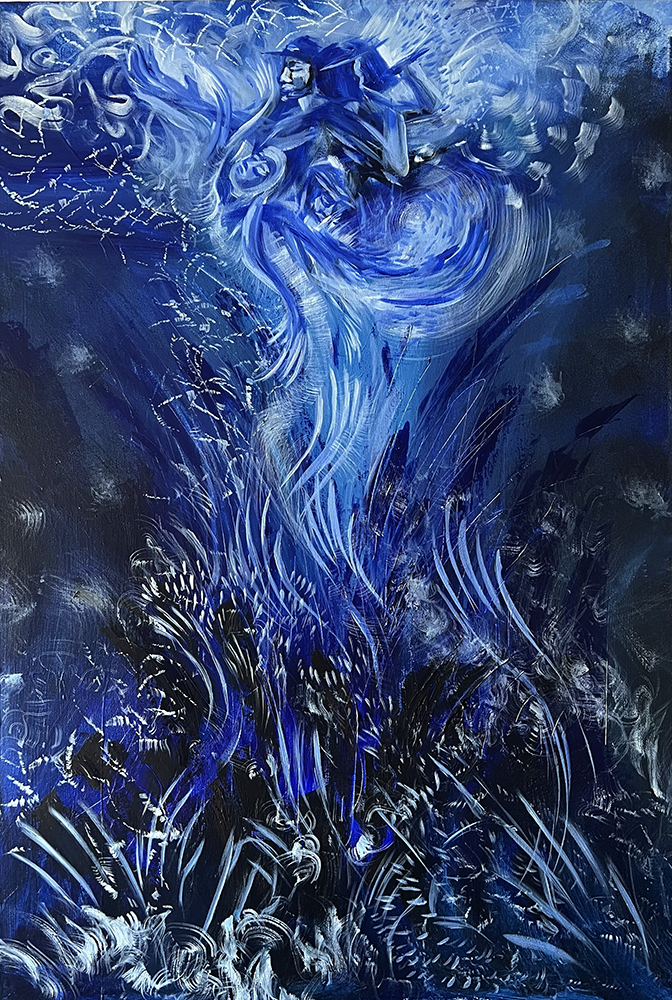 Blue visualization of sound painting. Musicians and audience members emerge in and out of the background.