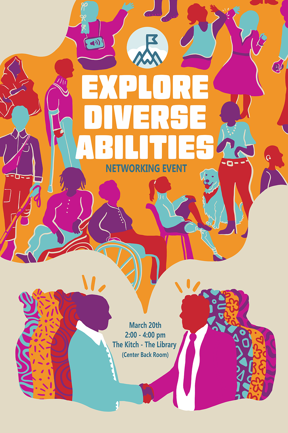 Shape-based 11x17" poster graphic of diverse people with disabilities in a speech bubble. Between the speech bubble two people in work attire shake hands. The words on the poster advertise Kohl's Corporate Explore Diverse Abilities Networking Event.