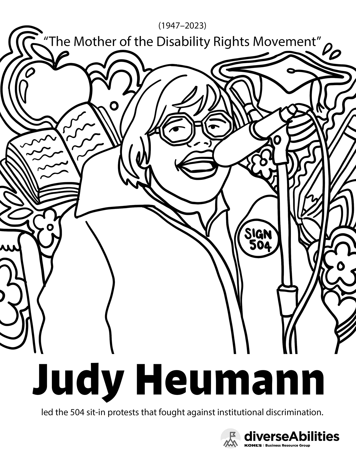Emma Rarick. "Judy Heumann Disability Pride Coloring Page," June 2026, digital illustration, 8.5x11". Created for Kohl's diverseAbilities BRG.