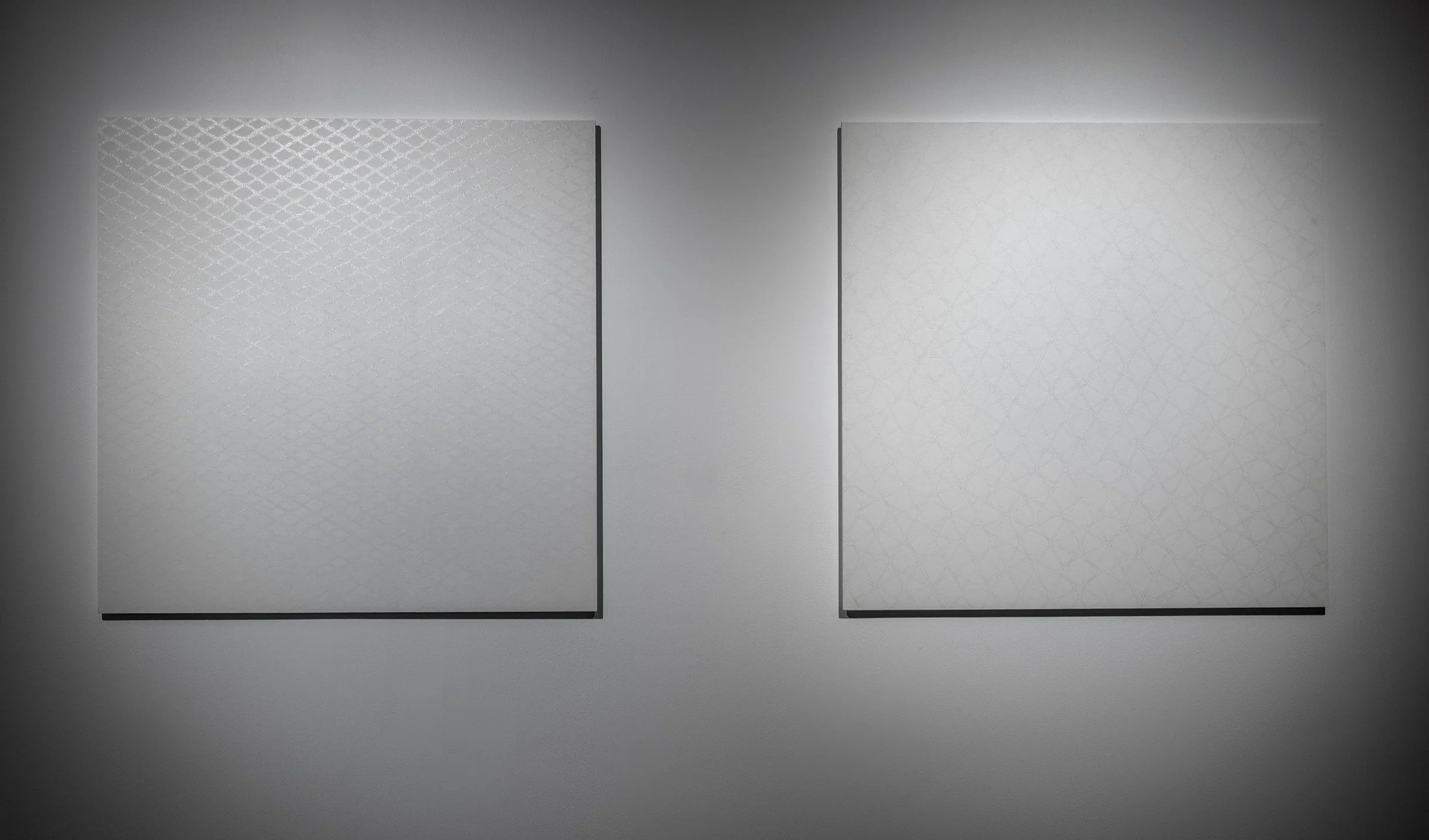 Untitled (Excess) and Untitled (Lack), 2023, house paint on plywood, 100 x 100 cm