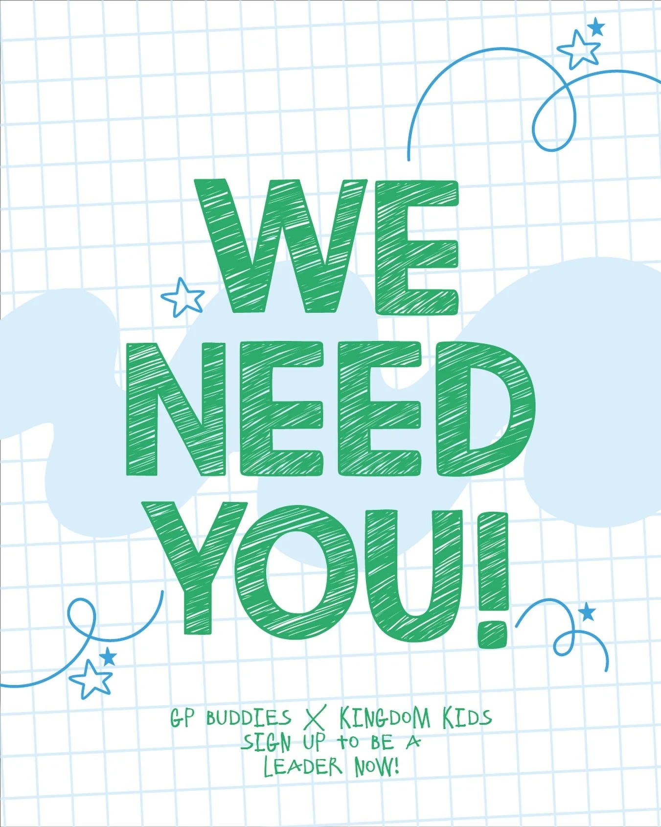 We need you! ⭐️⭐️⭐️

Join our Kingdom Kids and GP Buddies team - creating a safe, fun, joy filled space for children with additional needs to worship, play and know Gods love! 

Your yes could make all the difference 💙 sign up now on the gpastures w