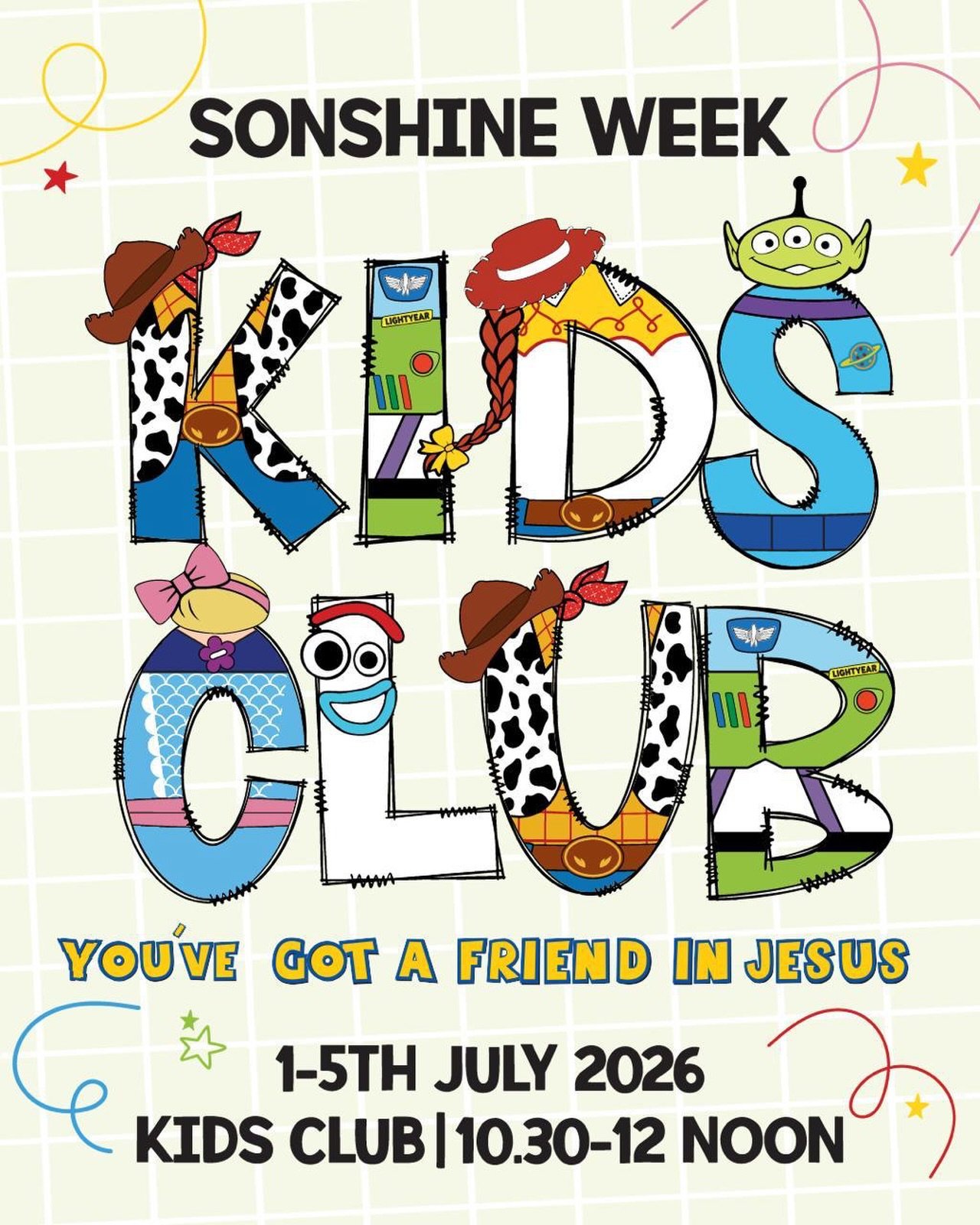🚀🤠 Sonshine Week 2026 is filling up fast! 🤠🚀

Over 150 places have already been snapped up for our Toy Story Adventure, and spaces are becoming limited!

Don&rsquo;t miss out on an unforgettable week of games, songs, crafts, Bible stories, fun, a