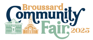Logo for Broussard Community Fair 2025 with illustrations of green and orange buildings.