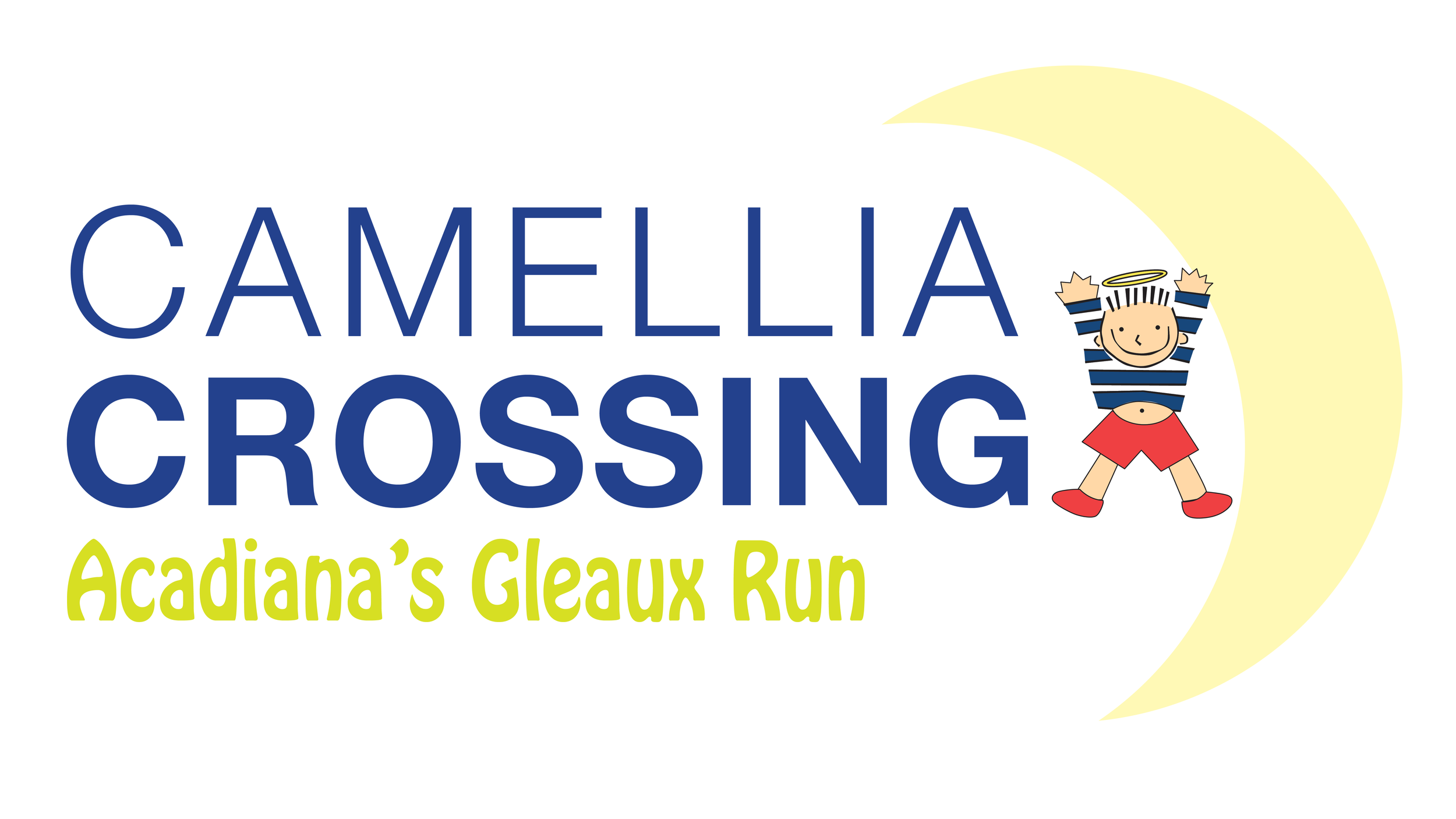 Logo for Camellia Crossing, featuring a cartoon child with a halo and angel wings, wearing a striped shirt and red shorts, on a crescent moon