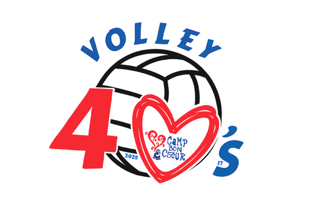 Logo for Volleyball Camp Don Cœur, featuring a volleyball, a red heart, and the text 'Volleyball 4's 2025' with 'Camp Don Cœur' inside the heart.