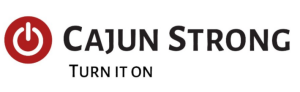 Cajun Strong logo with power button symbol and the text 'Turn it on'