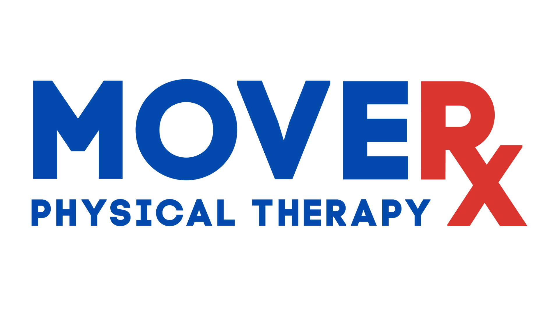 Logo for MoveRX Physical Therapy, with the text in blue and red, and an arrow in a different font style.