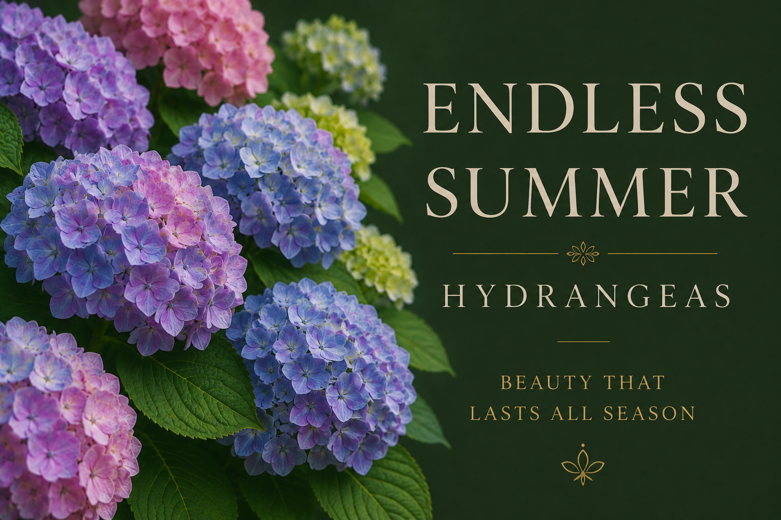 Colorful hydrangea flowers in shades of purple, pink, blue, and green foliage with text overlay reading 'Endless Summer Hydrangeas - Beauty that lasts all season'.