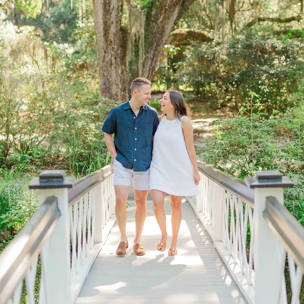 Romantic walk across the Longe White Bridge at Magnolia Plantation & Gardens