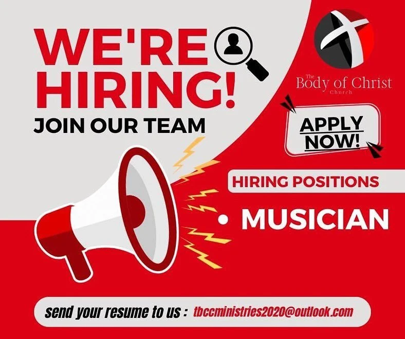 The Body of Christ church is currently looking to hire a musician. Please click the link bellow, scan QR code, or visit our website at tbccministries.org to apply. Come join our team. We look forward to hearing from you!!

https://tbcchuntsville.chur