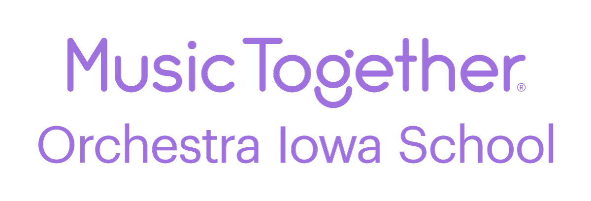 Logo with purple text saying "Music Together" and "Orchestra Iowa School" on a black background.