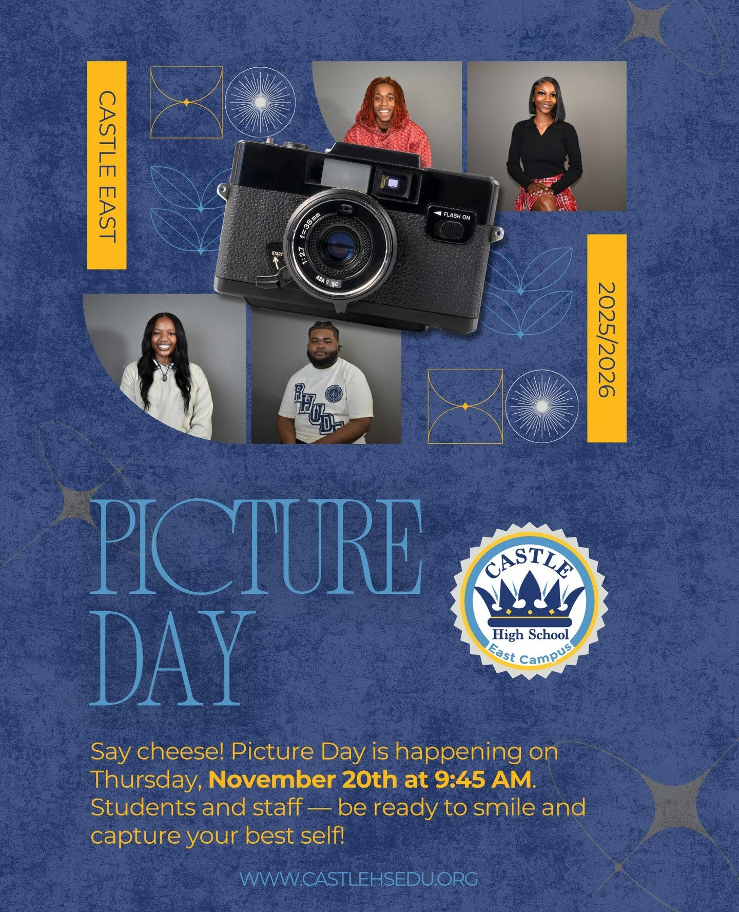 Picture Day is TOMORROW Thursday, November 20th at 9:45 AM. Students and staff &mdash; get ready to capture your best self! 😄 ⁠
⁠
#CastleEast #PictureDay