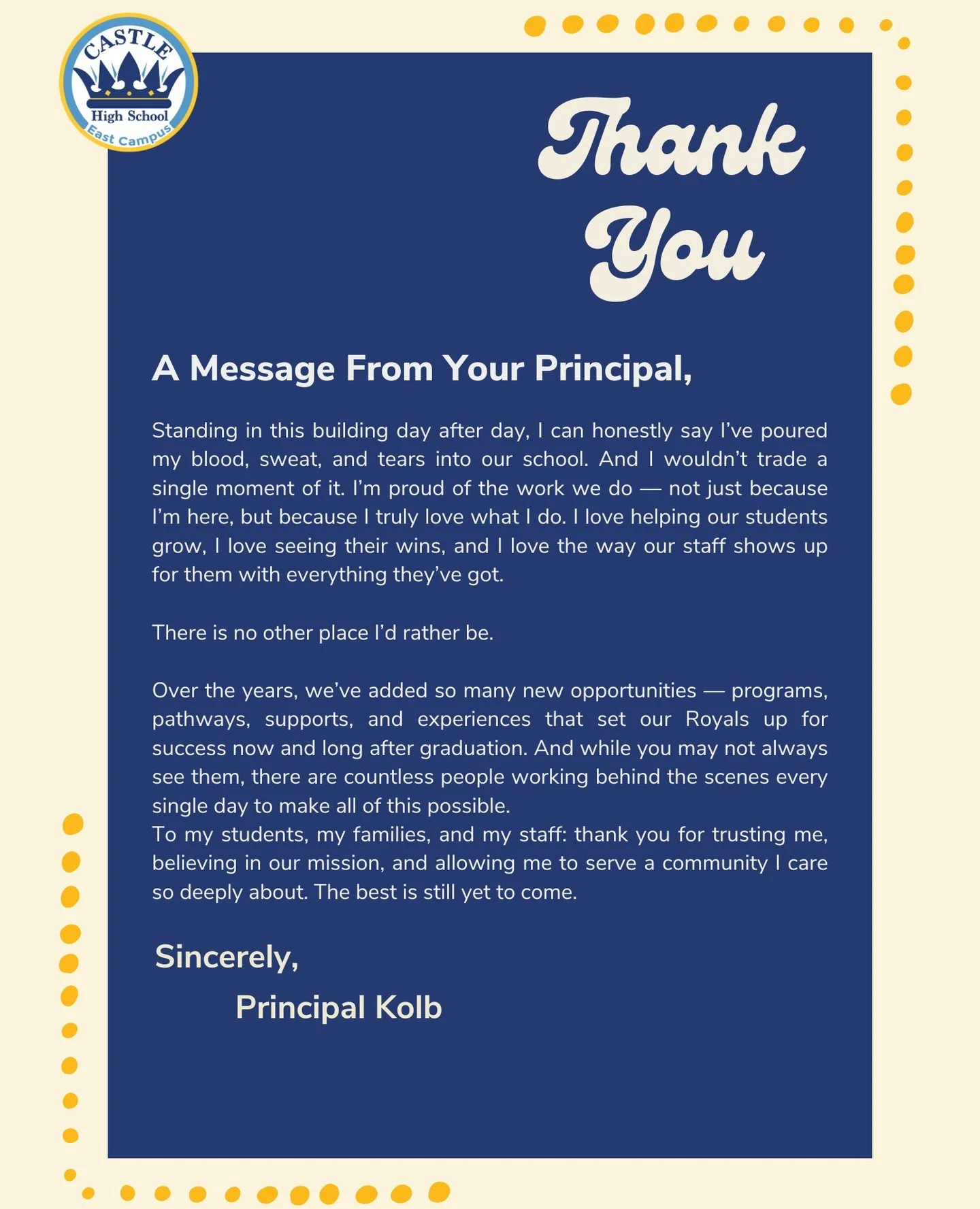 A message from Principal Kolb. ⁠
⁠
#CastleEast #CastlePride #StudentSuccess #MessageFromPrincipal
