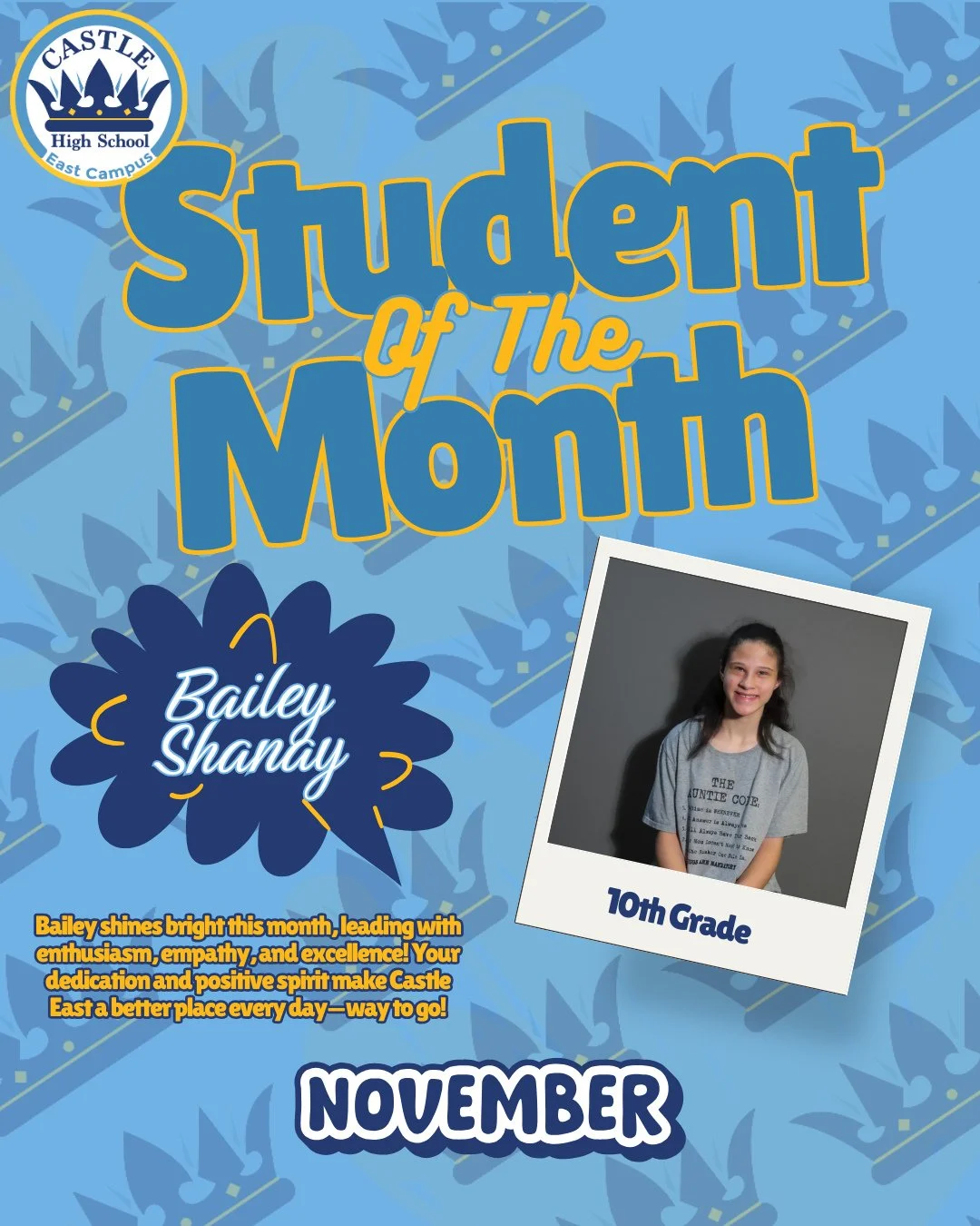 💫 Let&rsquo;s give a big shoutout to our November Student of the Month, Bailey!⁠
⁠
Your hard work, positive attitude, and dedication truly shine at Castle East. We&rsquo;re so proud of you and grateful to have you as part of our school community! 💙