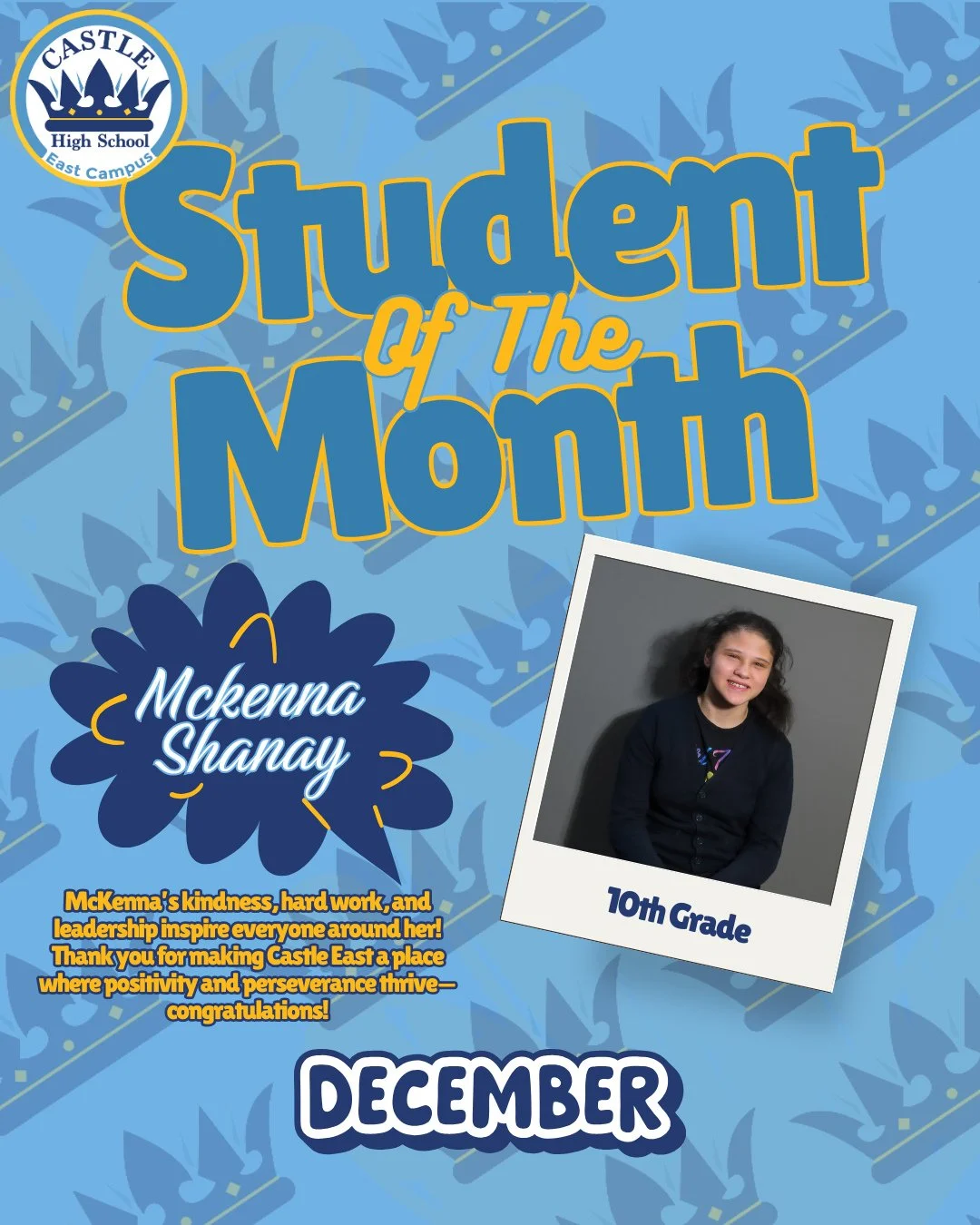 💫 Help us celebrate our December Student of the Month, Mckenna!⁠
⁠
Your commitment, kindness, and leadership make a difference every day at Castle East. Keep up the amazing work &mdash; we&rsquo;re so proud of you! 💙❄️🎉⁠
⁠
#StudentOfTheMonth #Cast