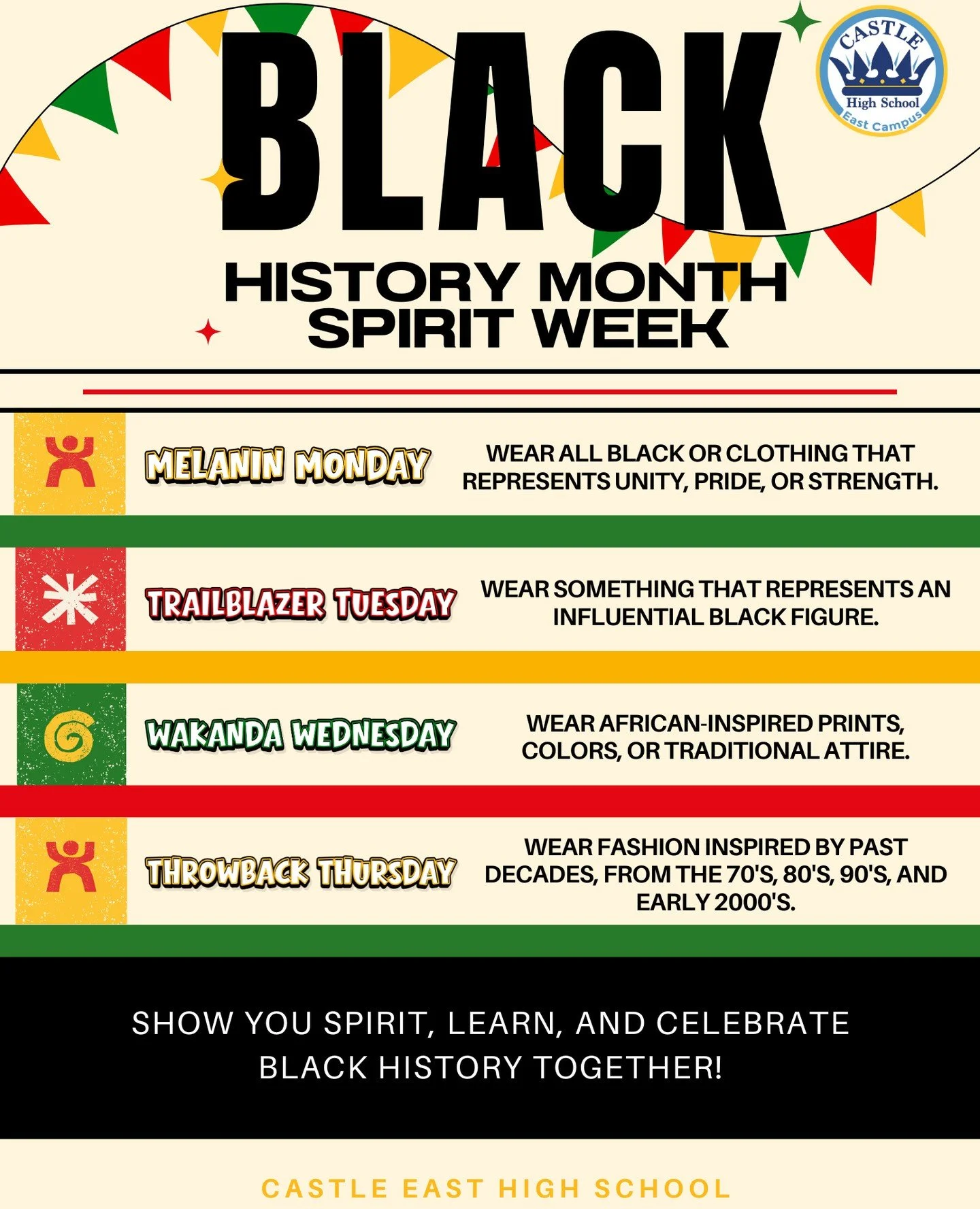 Castle East High School is celebrating Black History Month with a Spirit Week that honors culture, history, and Black excellence. Throughout the week, students are engaging in themed days that encourage learning, pride, and reflection as we celebrate