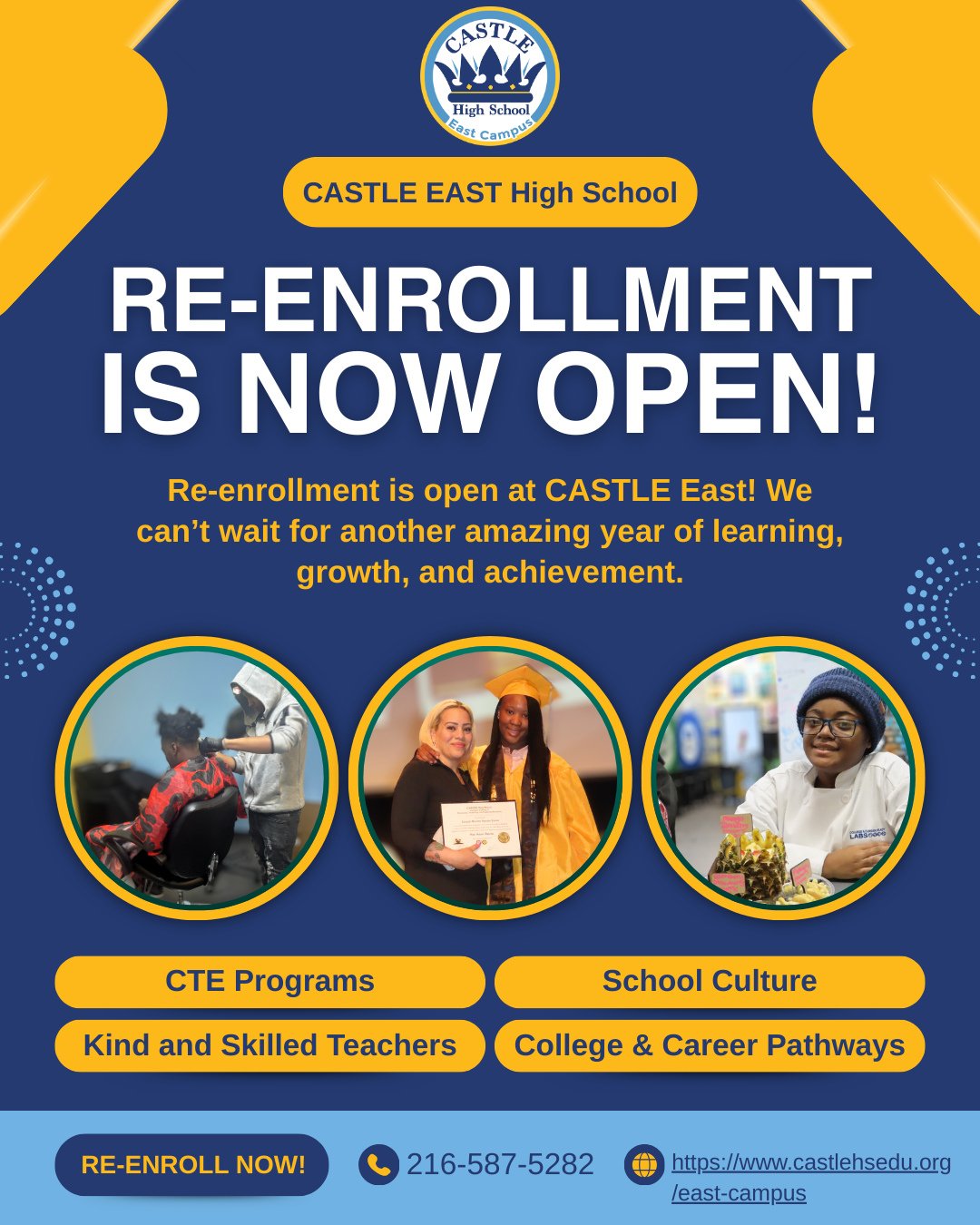 🎓 Re-Enrollment is NOW OPEN at CASTLE East High School for the 2026/2027 School Year!⁠
Secure your scholars spot and get ready for another year of learning, growth, and success. ✨💡⁠
📞 Call 216-587-5282 for more info!