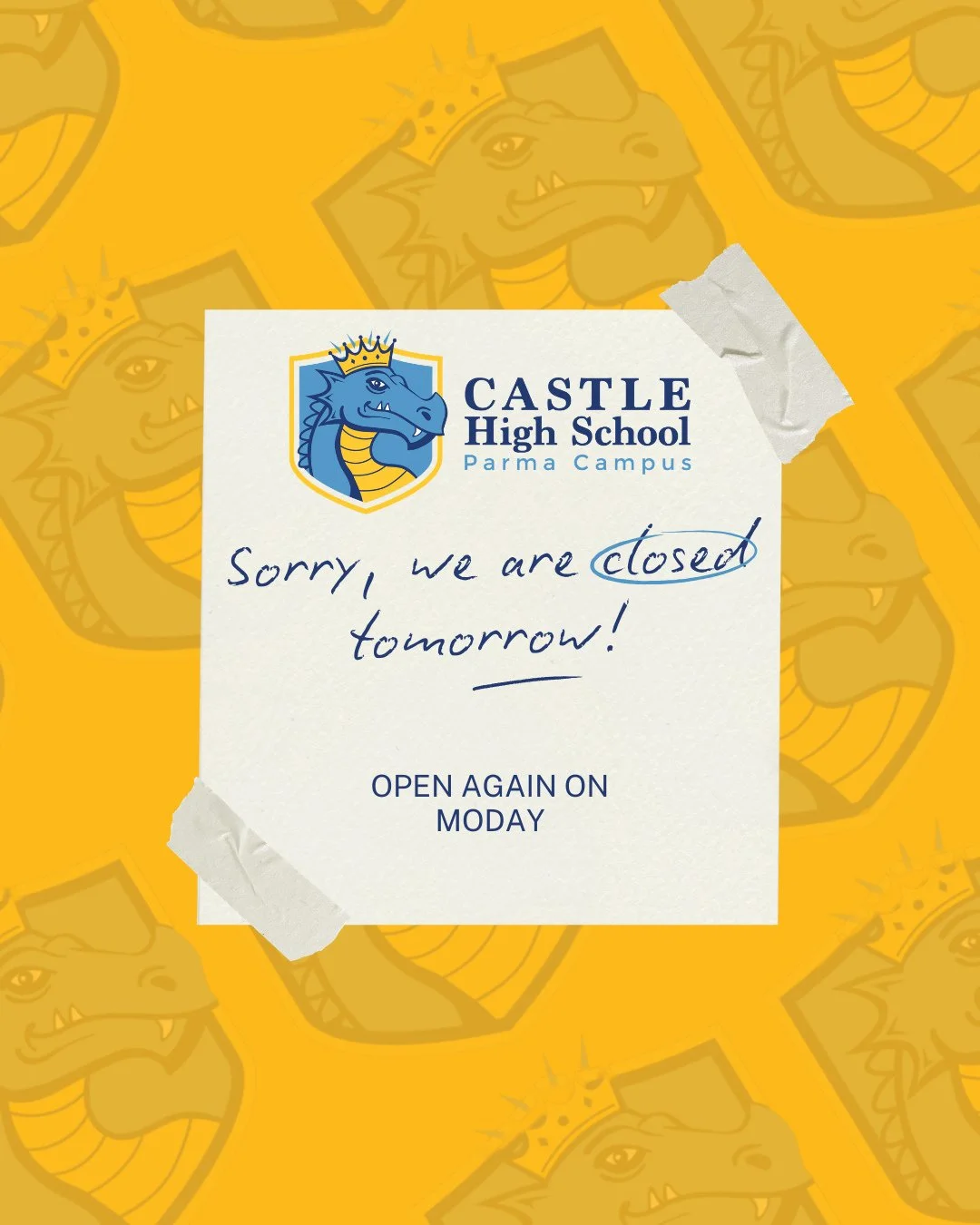 Even dragons need a day to recharge 🐉 Castle High School will be closed tomorrow. Back at it Monday!
