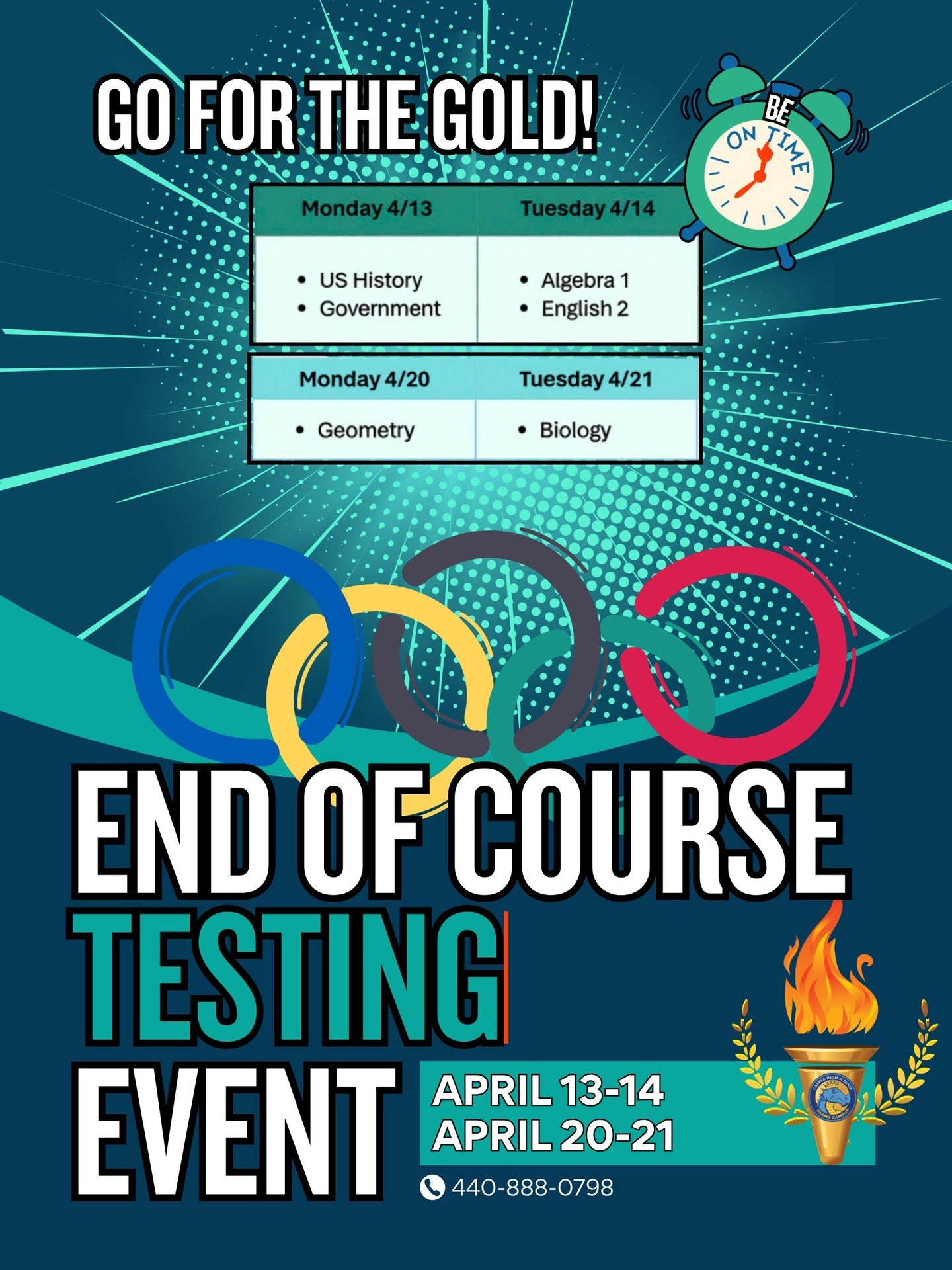 I just wanted to send out a quick, friendly reminder that we are starting End of Course Exams next week. Attached you will find an image of an End of Course Event and Competition we plan to have with students to try to help them focus and put forth t