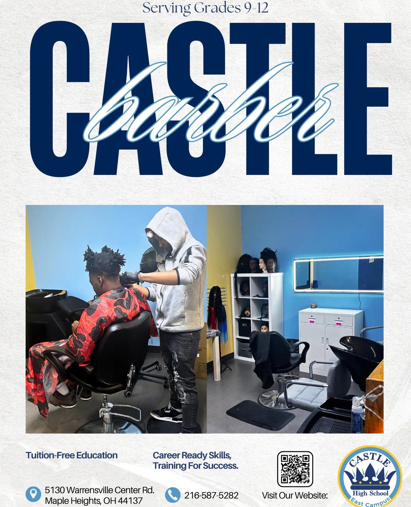 💈 Castle High School East Campus &ndash; Barber Programs &ndash; Serving Grades 9-12!⁠
Learn professional barber skills and get career-ready with our tuition-free courses. ✂️💼⁠
📍 5130 Warrensville Center Rd., Maple Heights, OH 44137⁠
📞 216-587-52