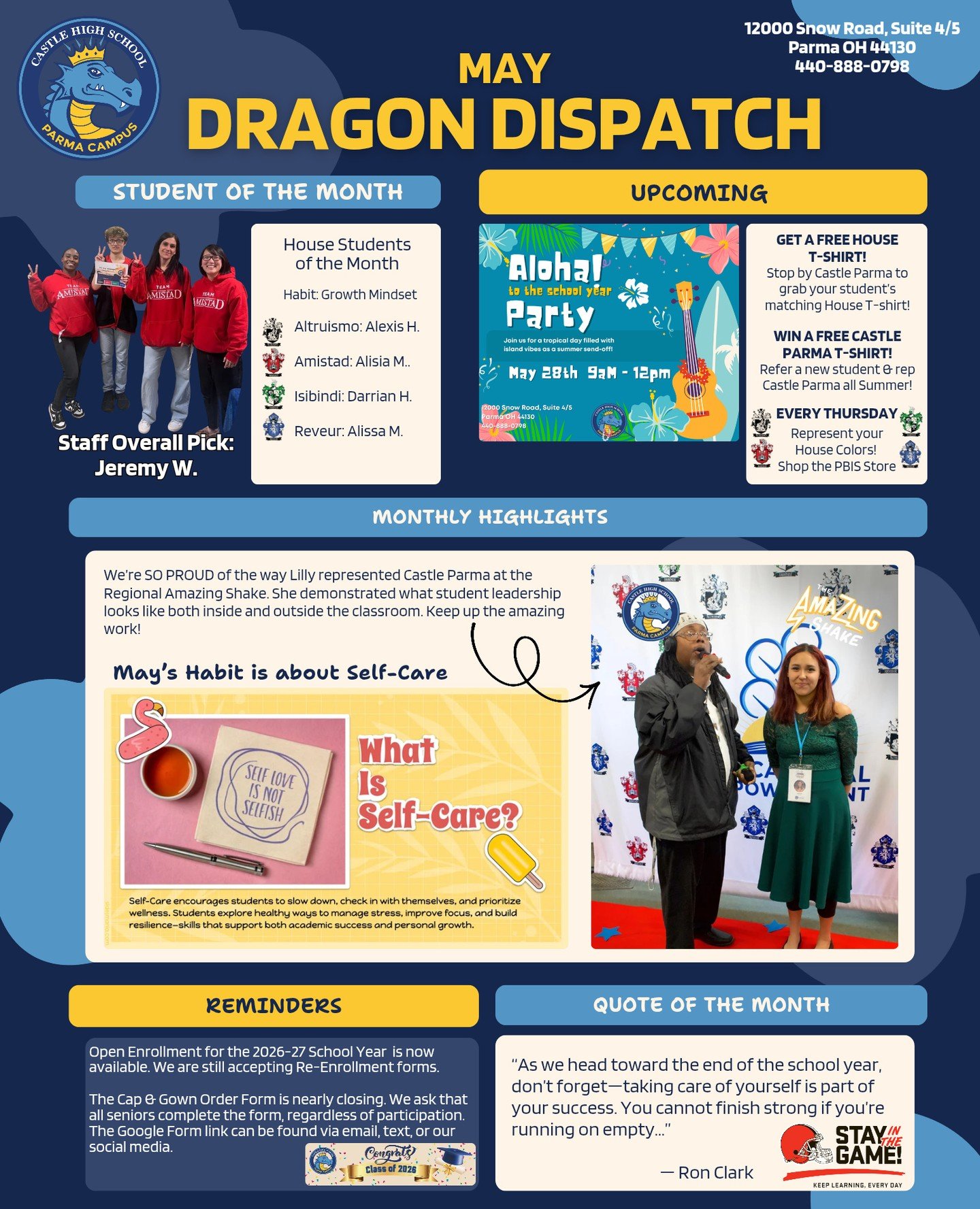 The May Dragon Dispatch is here! 🐉💙⁠
From celebrating our incredible Students of the Month and student leaders at the Amazing Shake, to promoting self-care and preparing for end-of-year milestones &mdash; Castle Parma has been full of growth, leade