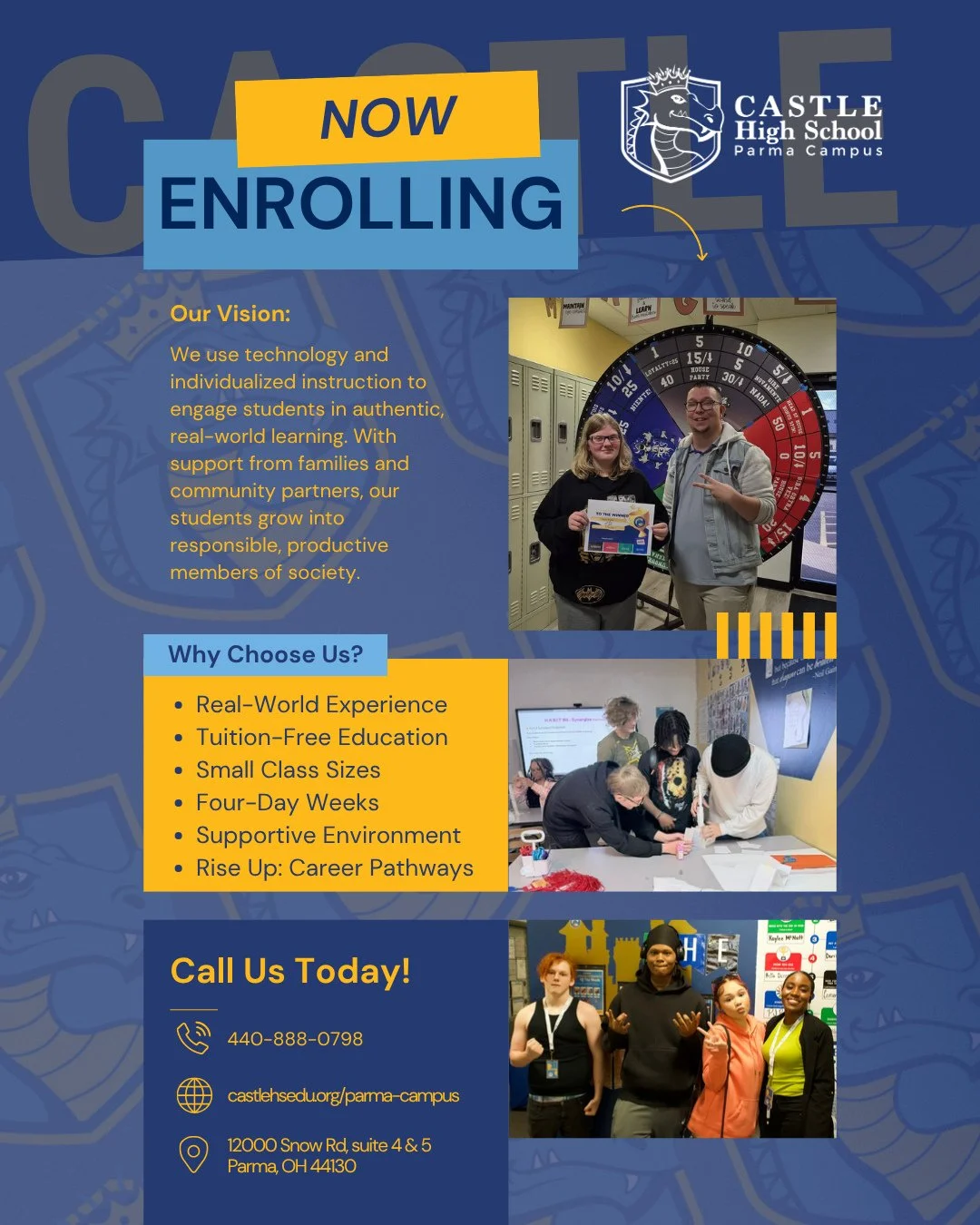 🚨 NOW ENROLLING at CASTLE Parma! 🚨⁠
At CASTLE Parma, students experience more than just a classroom &mdash; they gain real-world experiences, personalized learning, and the support they need to thrive. 💙💛⁠
⁠
✨ Four-Day School Weeks⁠
✨ Small Class