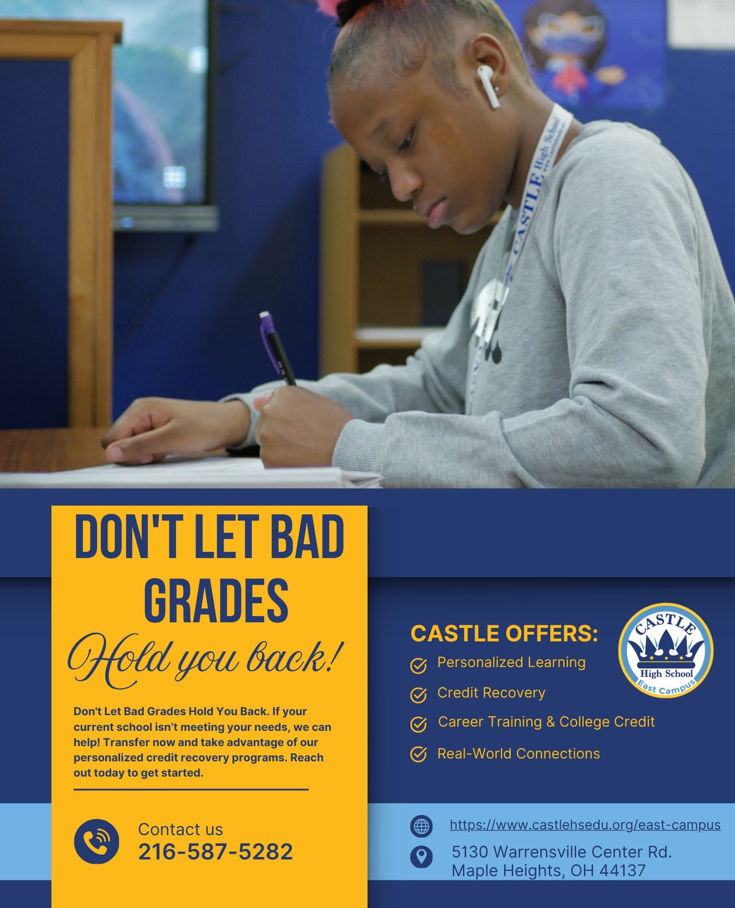 One bad grade shouldn&rsquo;t decide your future. At Castle East Campus, we help scholars recover credits, rebuild confidence, and keep moving toward graduation. 💙✨Enroll today, call us at 216-587-5282 to learn more!⁠
⁠