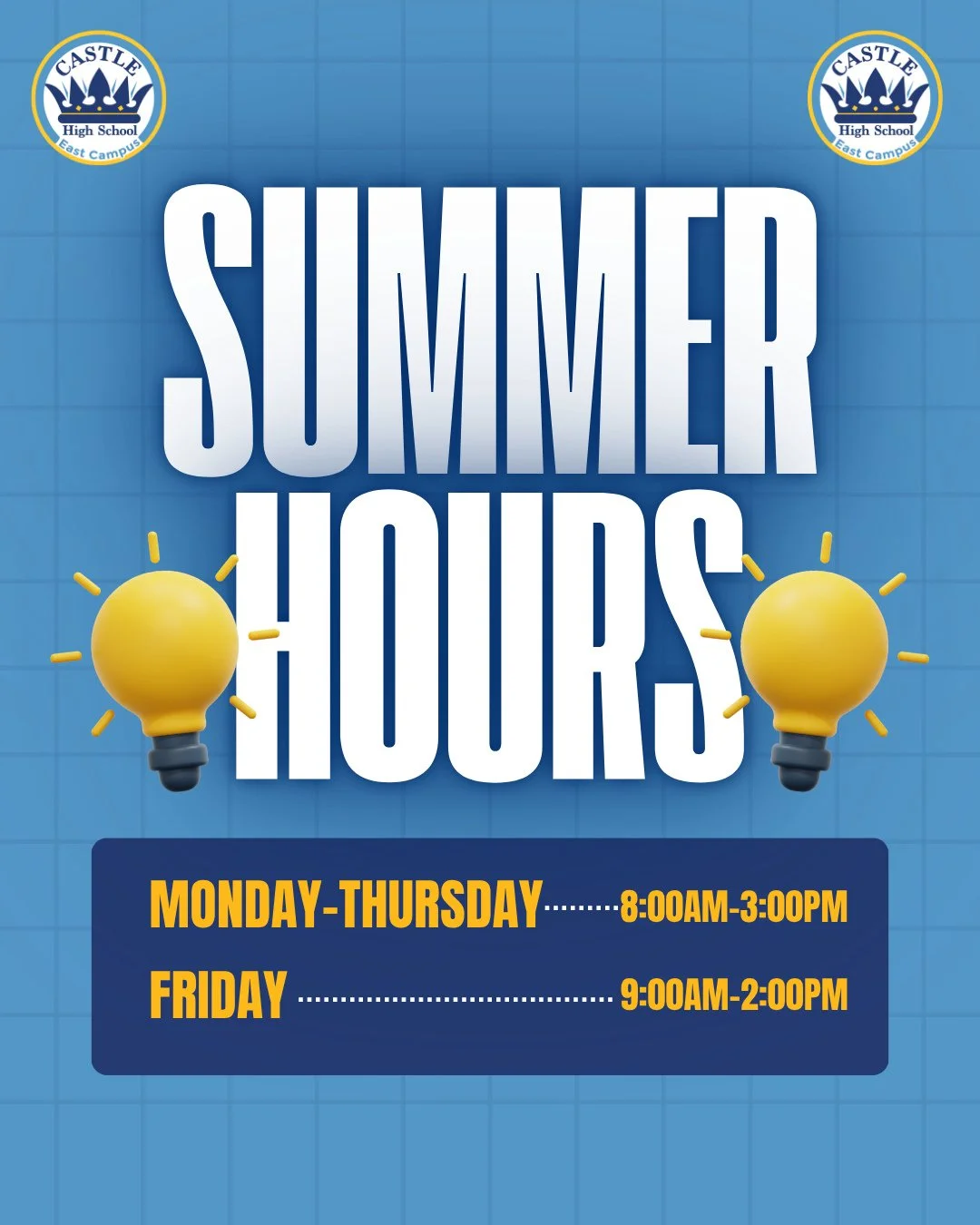☀️ Summer hours are in full swing at Castle High School East! We're here all summer long to assist with enrollment, answer questions, and support our students and families.⁠
🕗 Monday&ndash;Thursday: 8:00 AM &ndash; 3:00 PM⁠
🕘 Friday: 9:00 AM &ndash