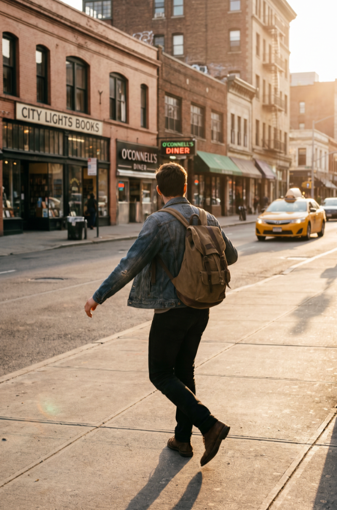 A young man with a backpack walking on a city sidewalk during sunset, with brick buildings and a taxi in the background.