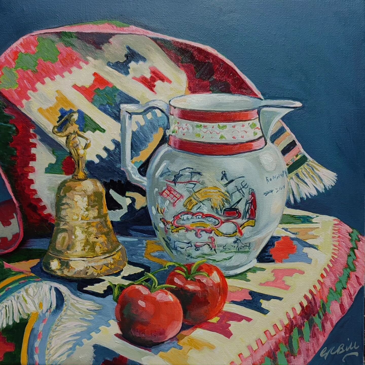 Must be nearly there as I have just signed it!!! One more day to go!
#stilllife #stilllifetomatoes #jug #carpets #oiloncanvas  #studiowork 
#brassbell #brass #bells