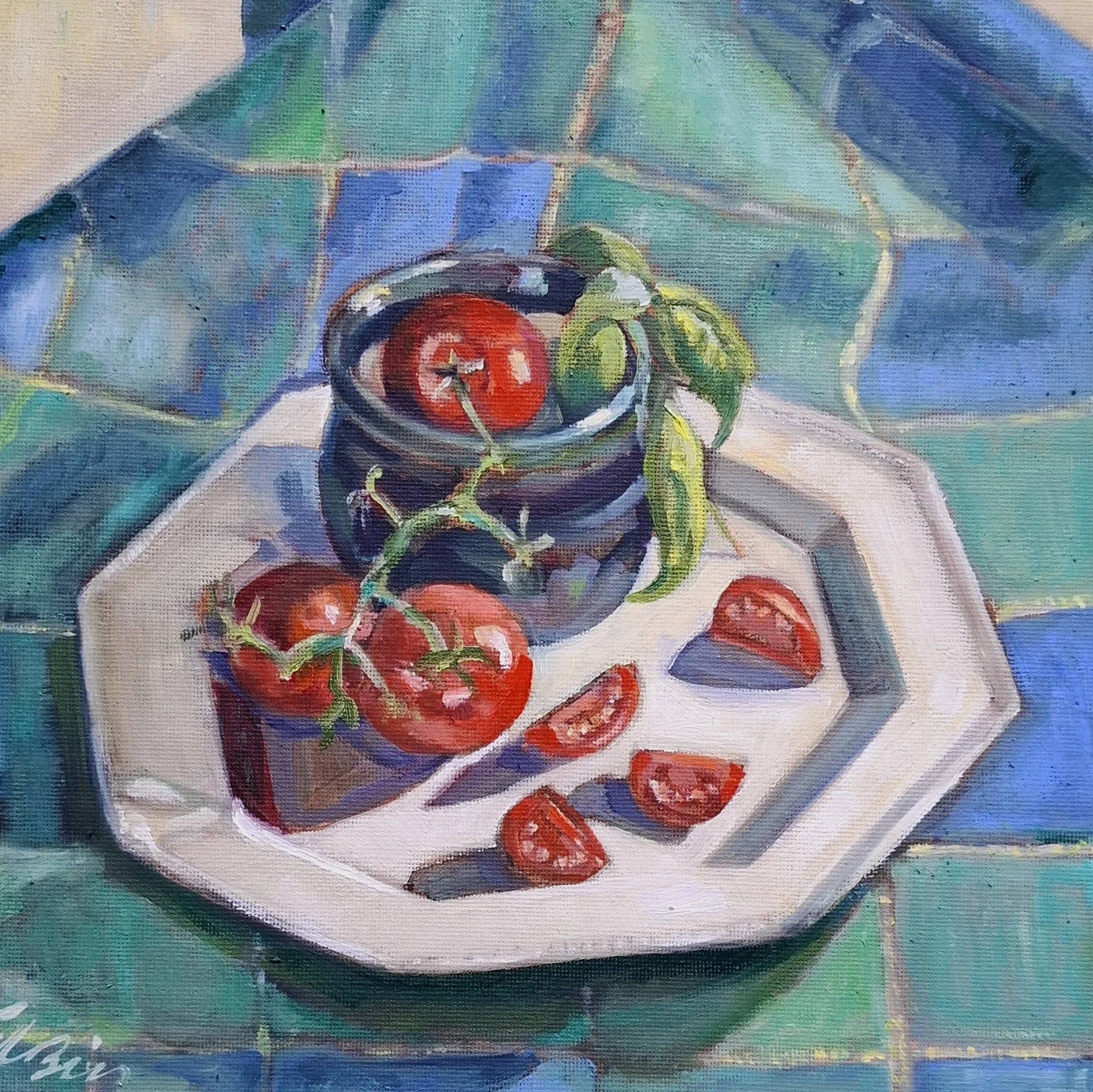 Still life, Toms on white plate 25cm x 25cm