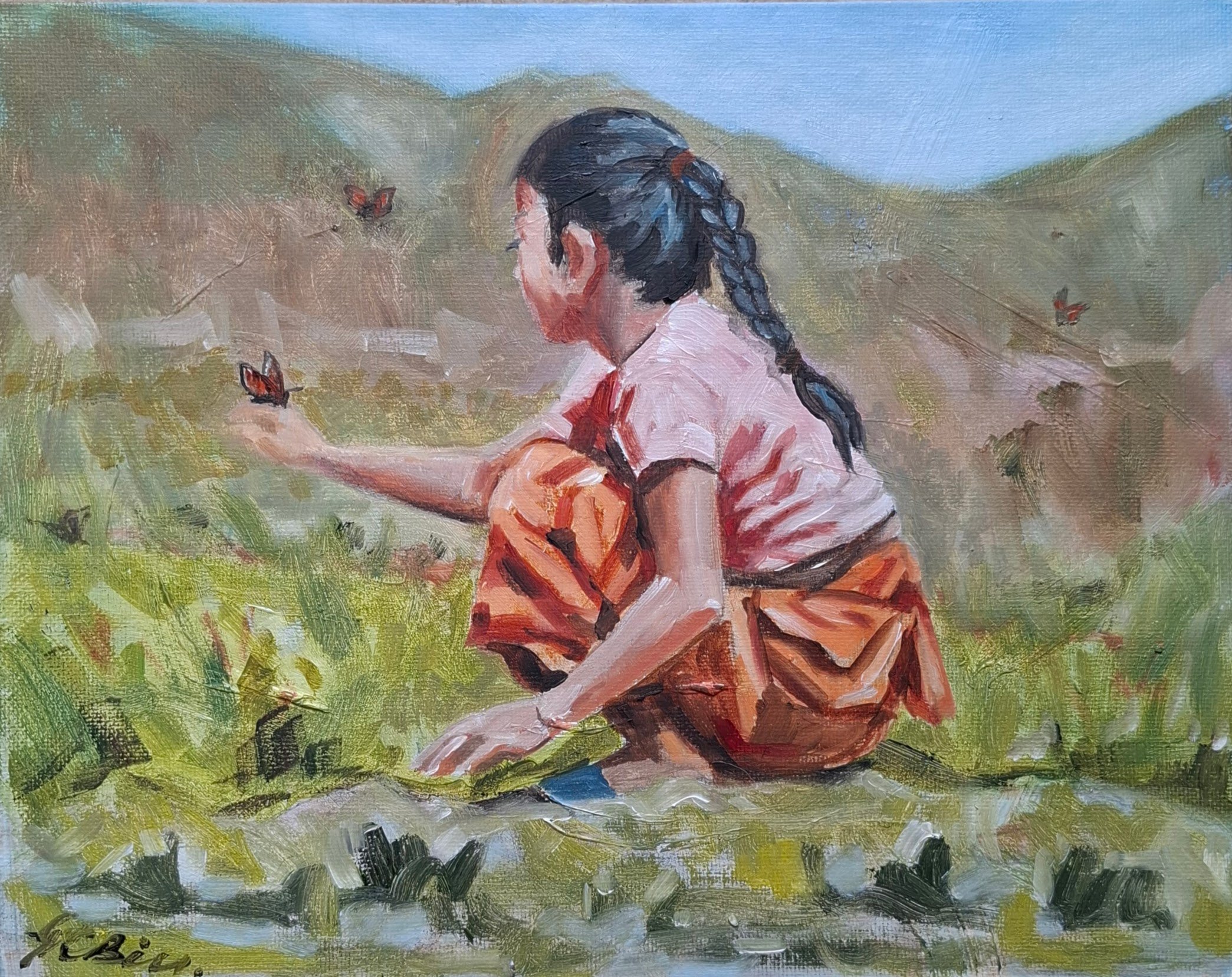 Nepali girl with Butterfly 24cm x 30cm