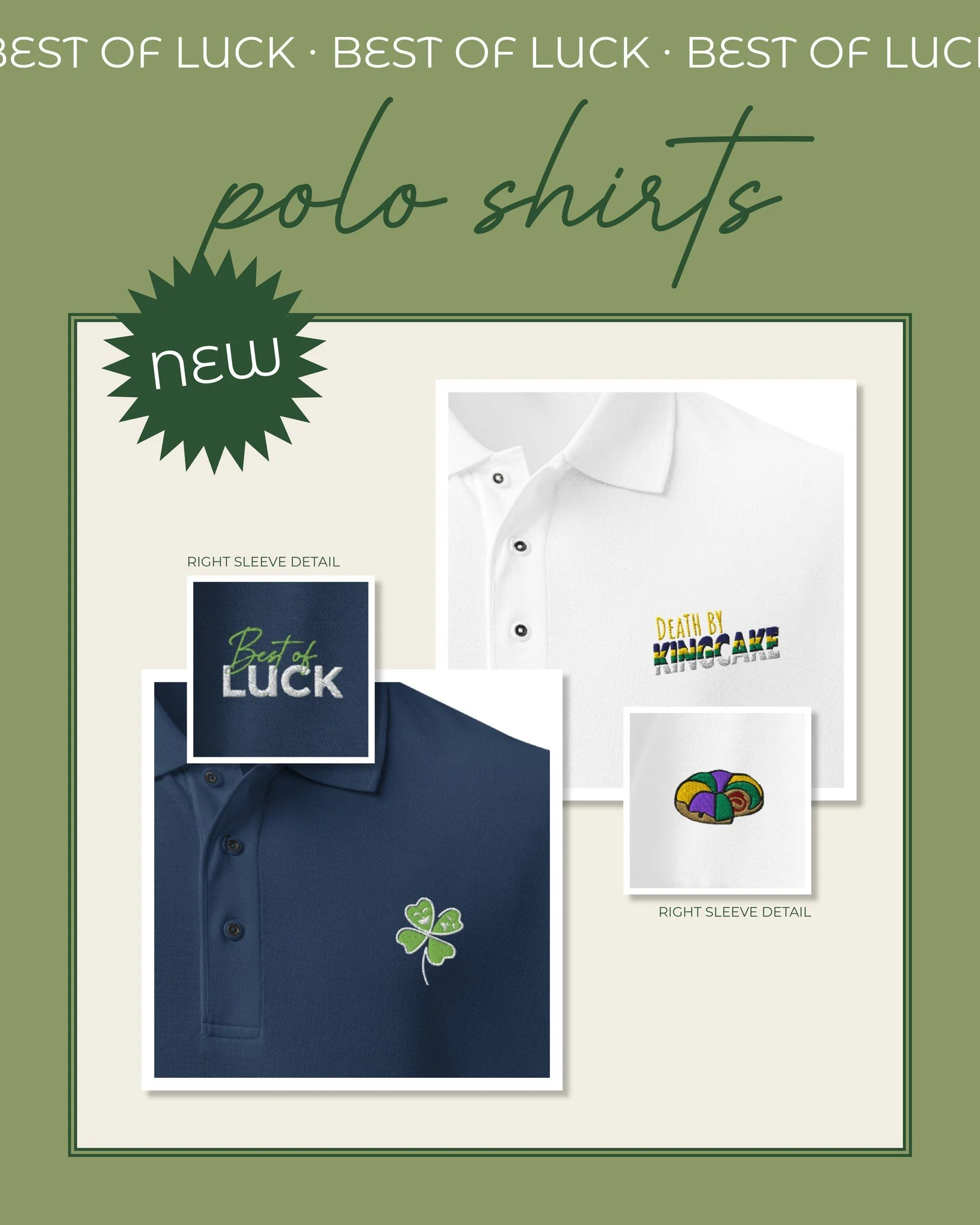 Step up your game with these embroidered polo shirts featuring the Best of Luck Shamrock and the King Cake from Death By King Cake - available now at bestofluckcomedies.com/store/all!
