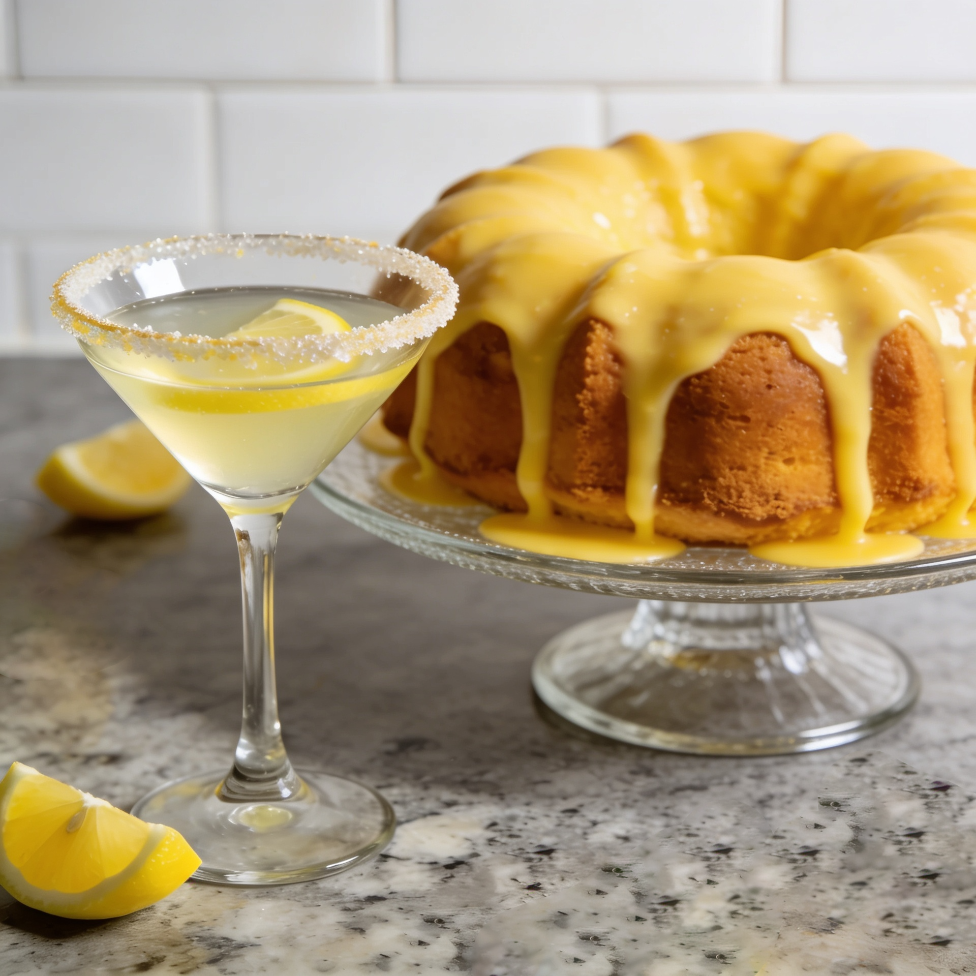 A slice of lemon in a sugar-rimmed cocktail glass next to a lemon bundt cake with lemon glaze on a glass cake stand, on a kitchen counter with a white tile backsplash.