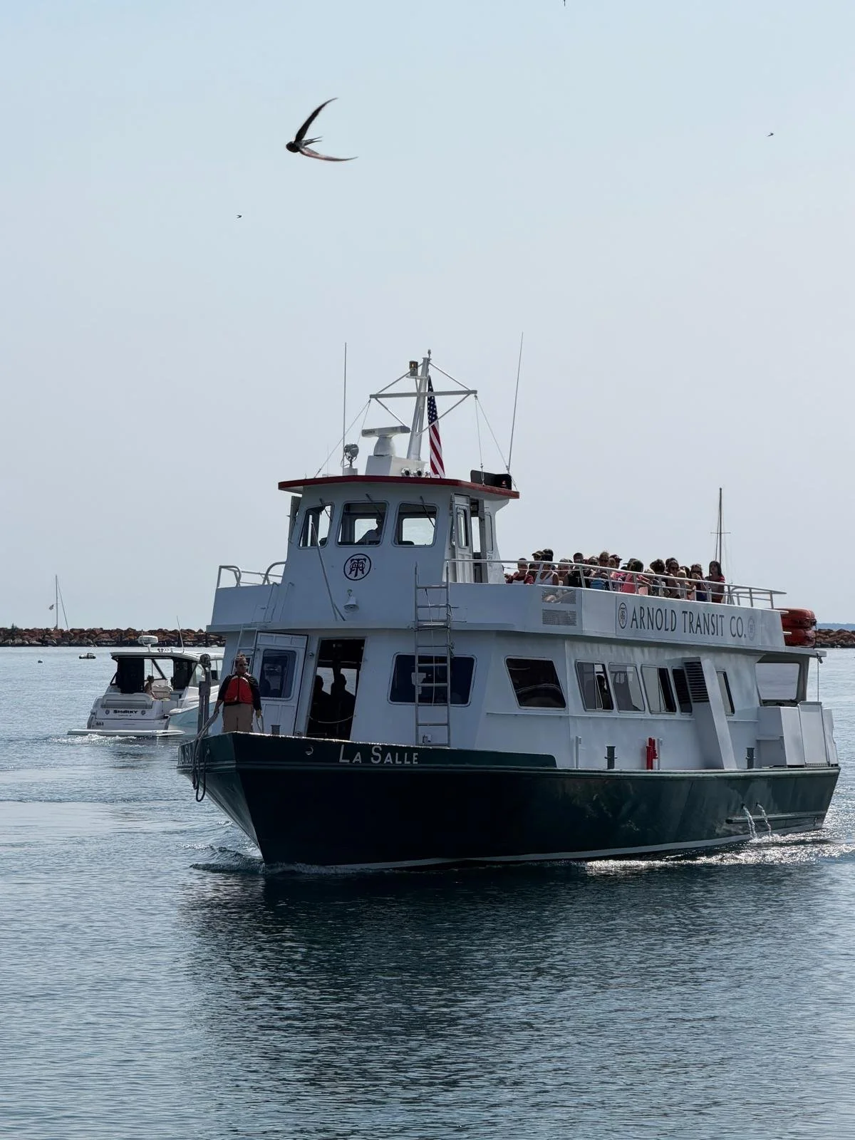 A large boat named LA SALLE with passengers on board, operated by Arnold Transit Co., sailing in calm waters near a rocky shoreline. The boat has a white upper deck and a dark green lower hull, with an American flag and weather radar antenna on top. A seagull is flying in the sky above.